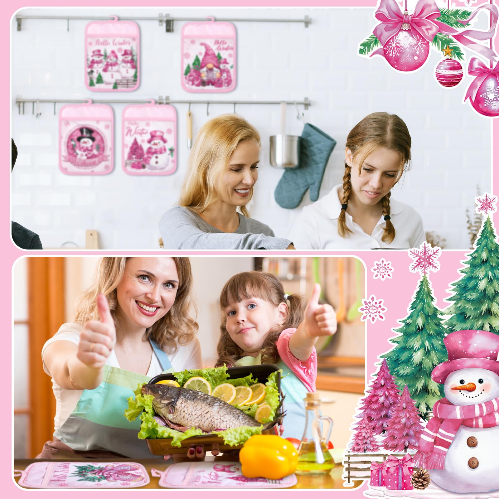 Jingmore Topflappen mit Tasche, Motiv: Hello Winter, Topflappen, Geschenk, Großpackung Schneemann, Zwerg, hitzebeständig, heiße Pads, Ofenhandschuhe, niedliche Schneeflocke, Ofenhandschuhe für