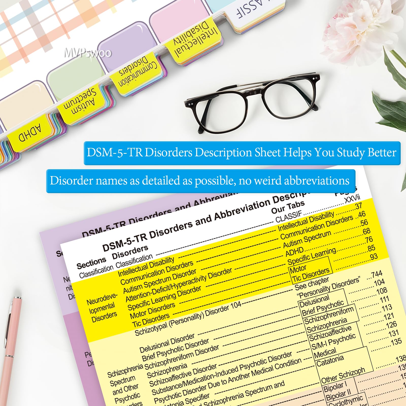 Linguette per indice aggiornate per DSM-5-TR 2022, 94 schede DSM-V-TR stampate, 100 schede in totale, con guida all'allineamento e scheda descrizione dei disturbi per il manuale diagnostico e