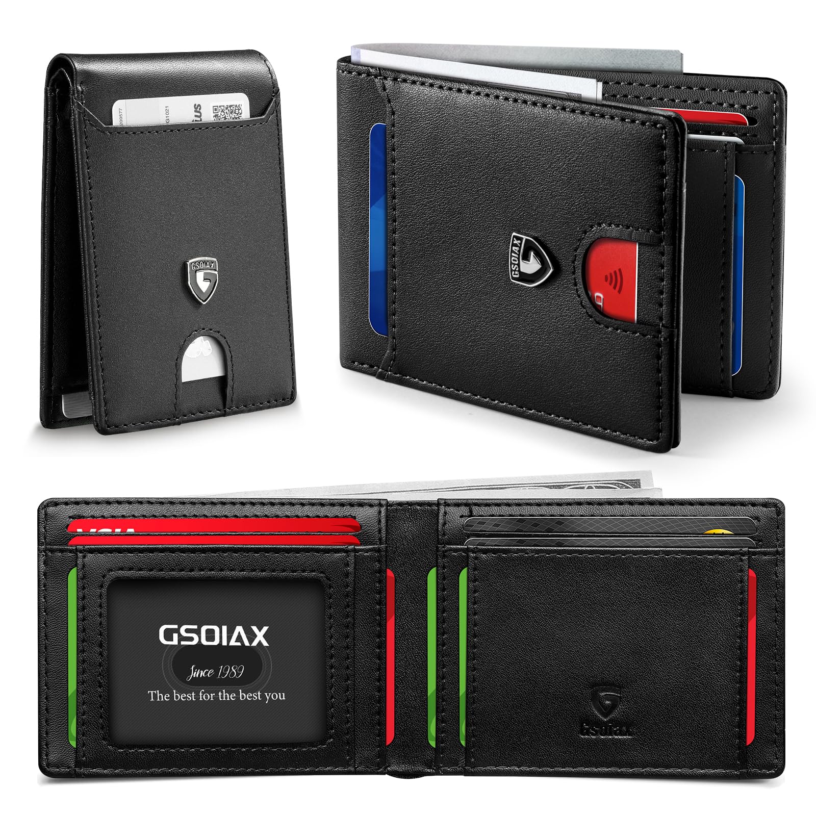 GSOIAX Slim Wallet for Men RFID Blocking Bifold Wallet Carbon Fiber Front Pocket Wallet with 11 Card Holder Minimalist Mens Wallet with Gift Box (Black-1)