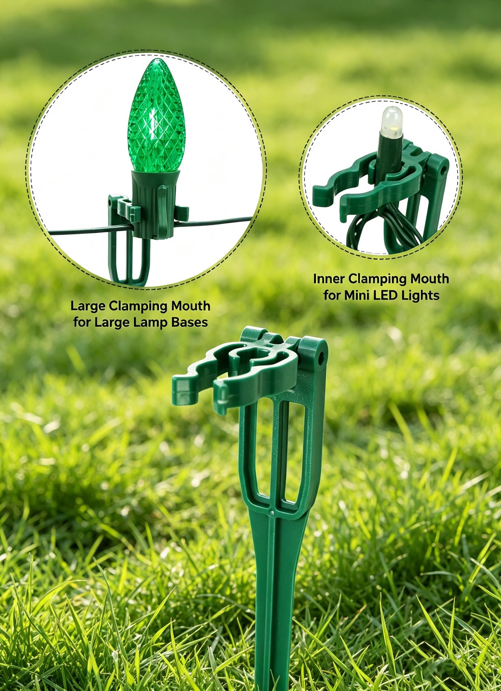 Confezione da 50 paletti luminosi natalizi per cortile, pali da terra C7 C9 | I supporti all-in-one mantengono le prese C7 e C9 in posizione verticale e allineate uniformemente lungo prati