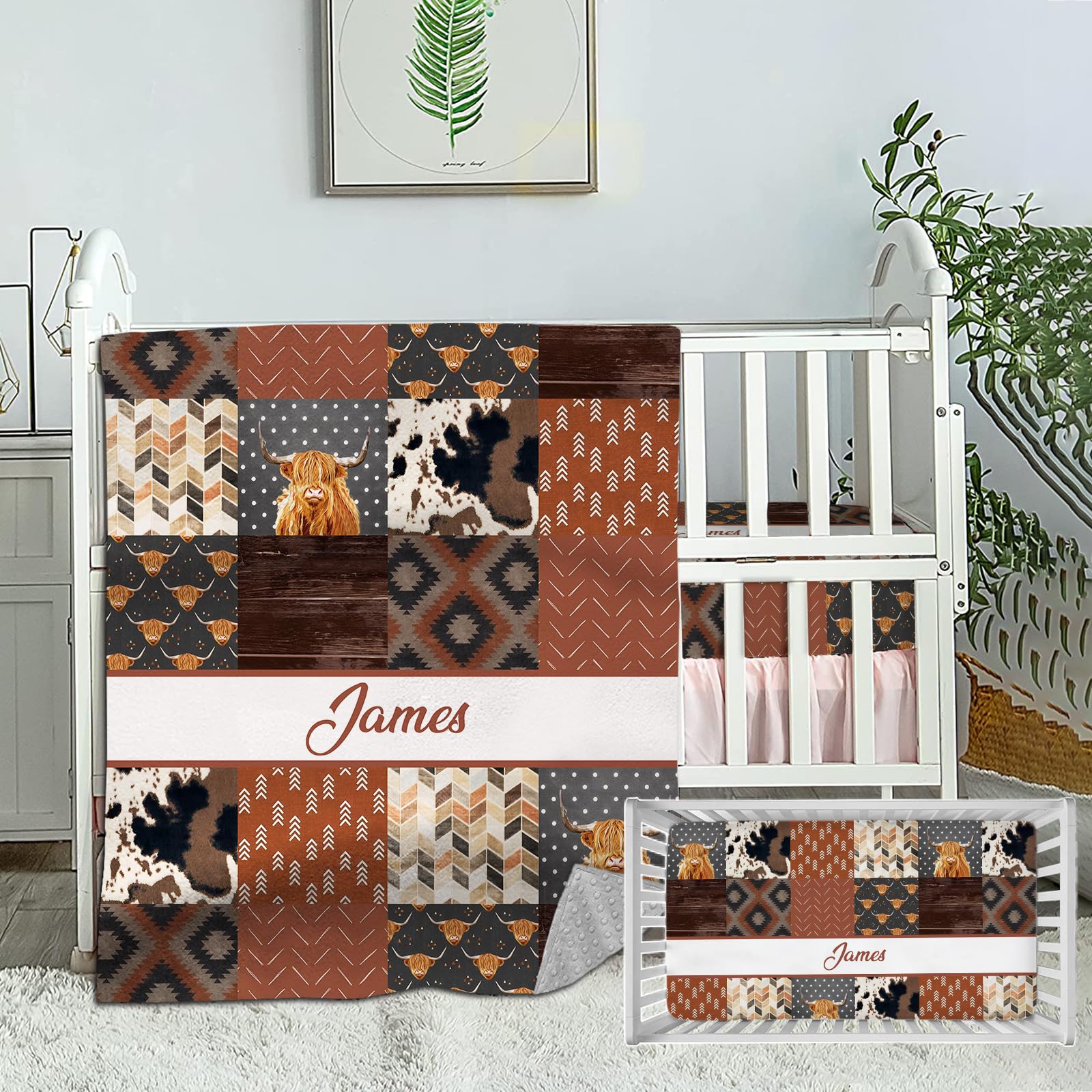 Personalized Baby Bedding Set - Custom Name Crib Comforter & Fitted Sheet, Cute High Land Cow Nursery Set for Boys & Girls