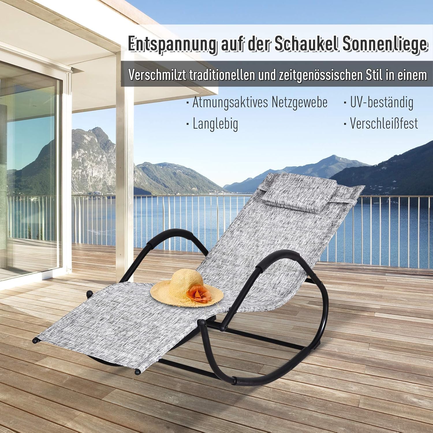 Outsunny Rocking Lounge Chair on a wooden deck next to a pool, with a straw hat on it.