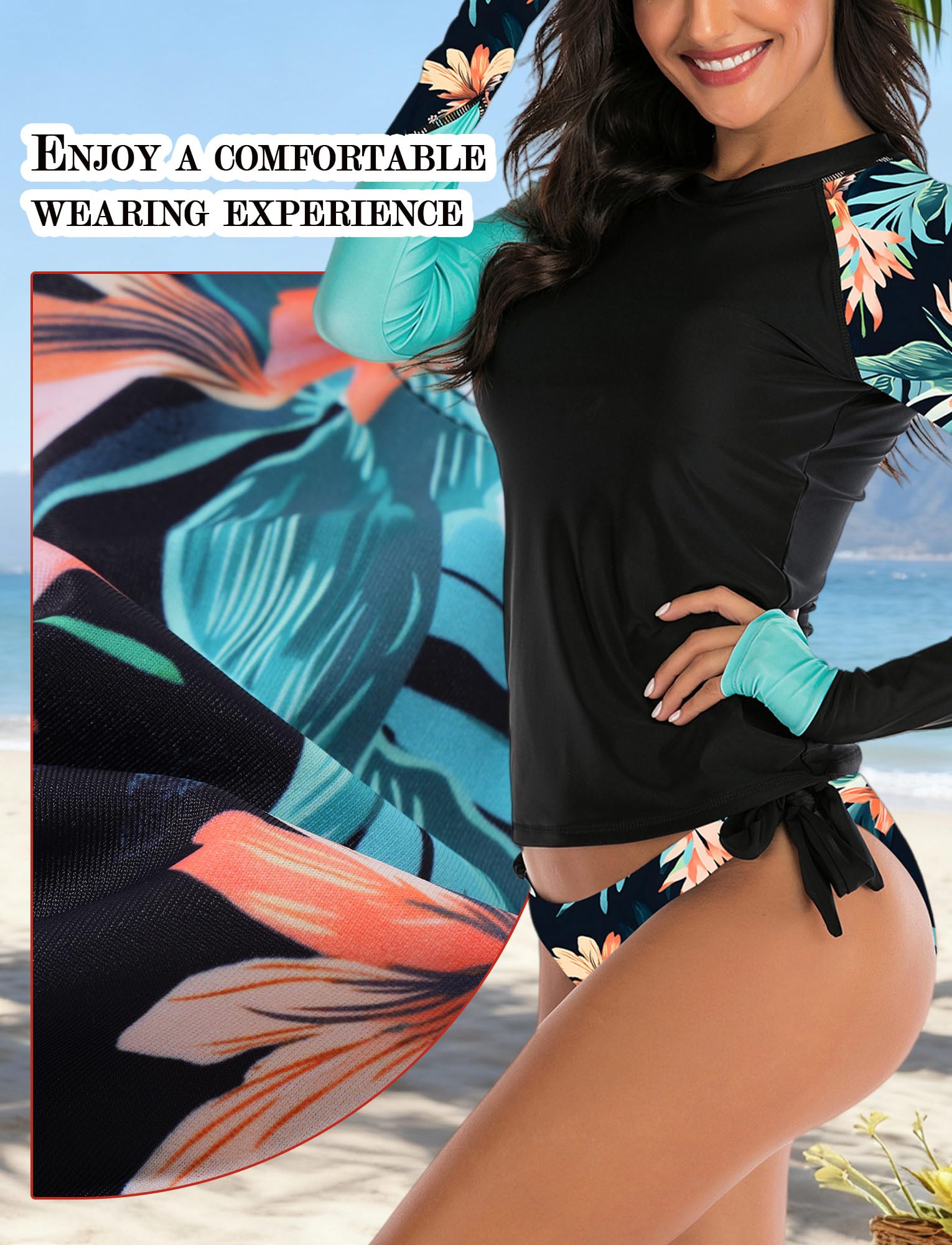 Maeau - Traje de Baño de 2 Piezas Mujer Rashguard Manga Larga Camiseta de Natación et Braguita de Baño Triangular Ajustable S-XL
