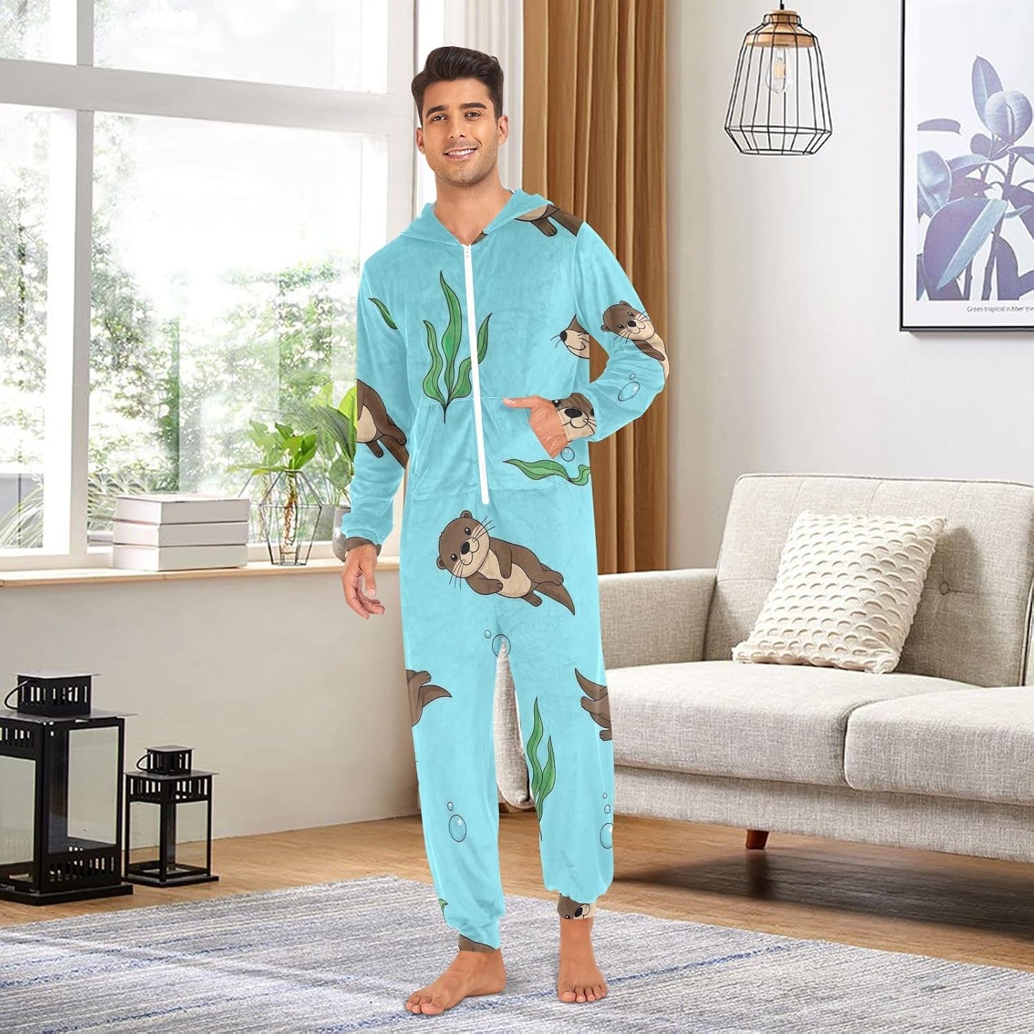 Cute Otters Blue Adult Onesie Pajamas, Hooded One Piece Loungewear with Zipper for Men Women Christmas Sleepwear