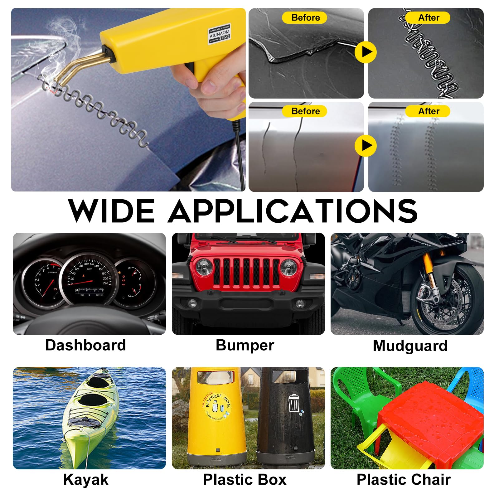 AIUNAOM 230W Saldatore per Plastica 2 in 1 Kit di Saldatura per Plastica con 6 Tipi di Graffette da 900pcs e 1 Strumento di Levigatura per Riparare Paraurti Auto e Altre Parti in Plastica
