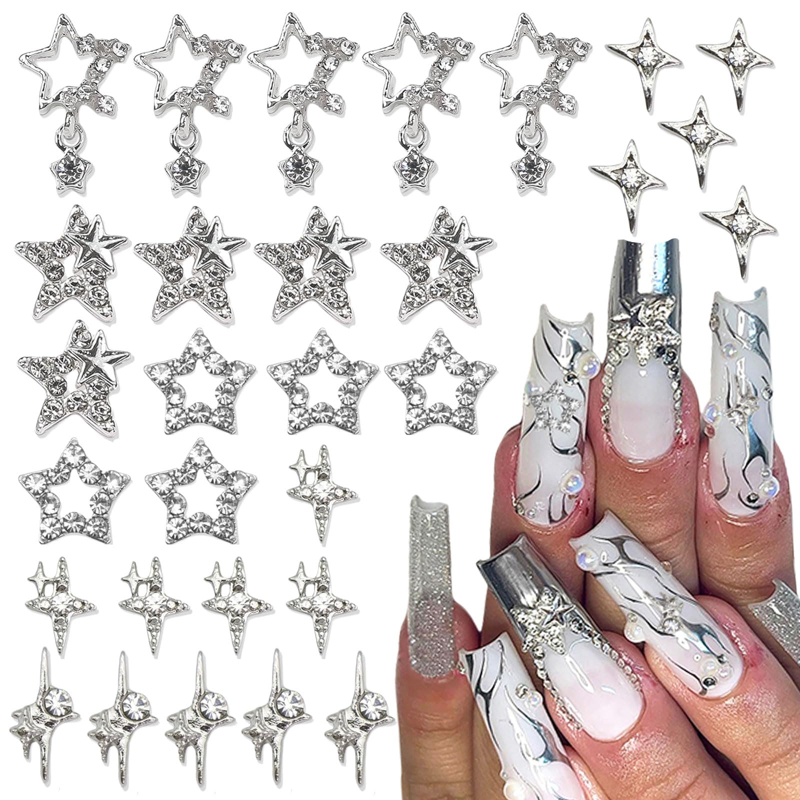 50 Stück Nagel Charms Sterne Silber – 4 Verschiedene 3D Stern Designs, Legierung, Für Acrylnägel