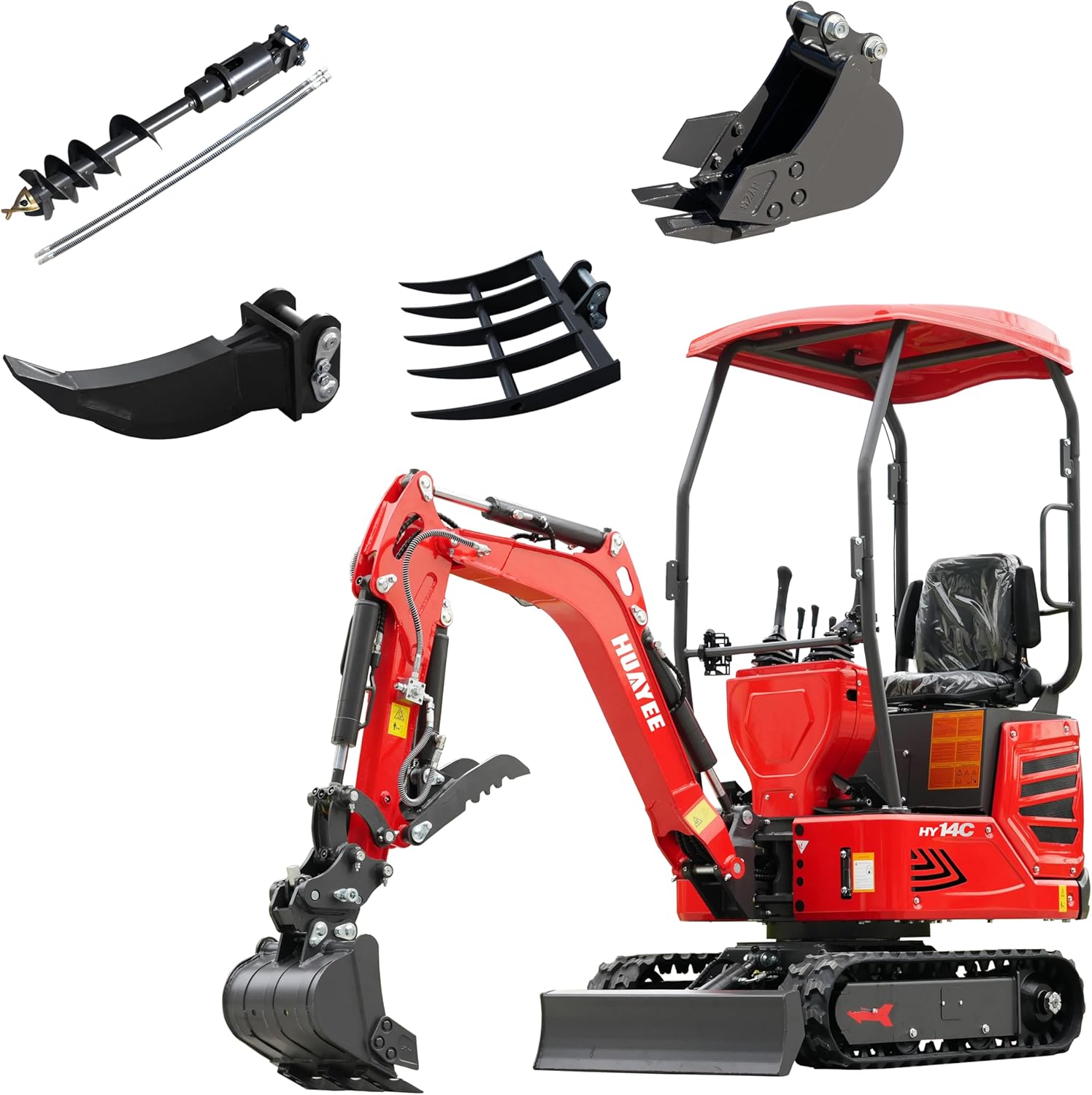 1.4 Ton Mini Excavator with 8 in Digging Bucket, Auger, Ripper, Landscape Rake, HY14C Small Digger with 13.5 HP Engine, Side Swing, Hydraulic Thumb, in-Stock in the US