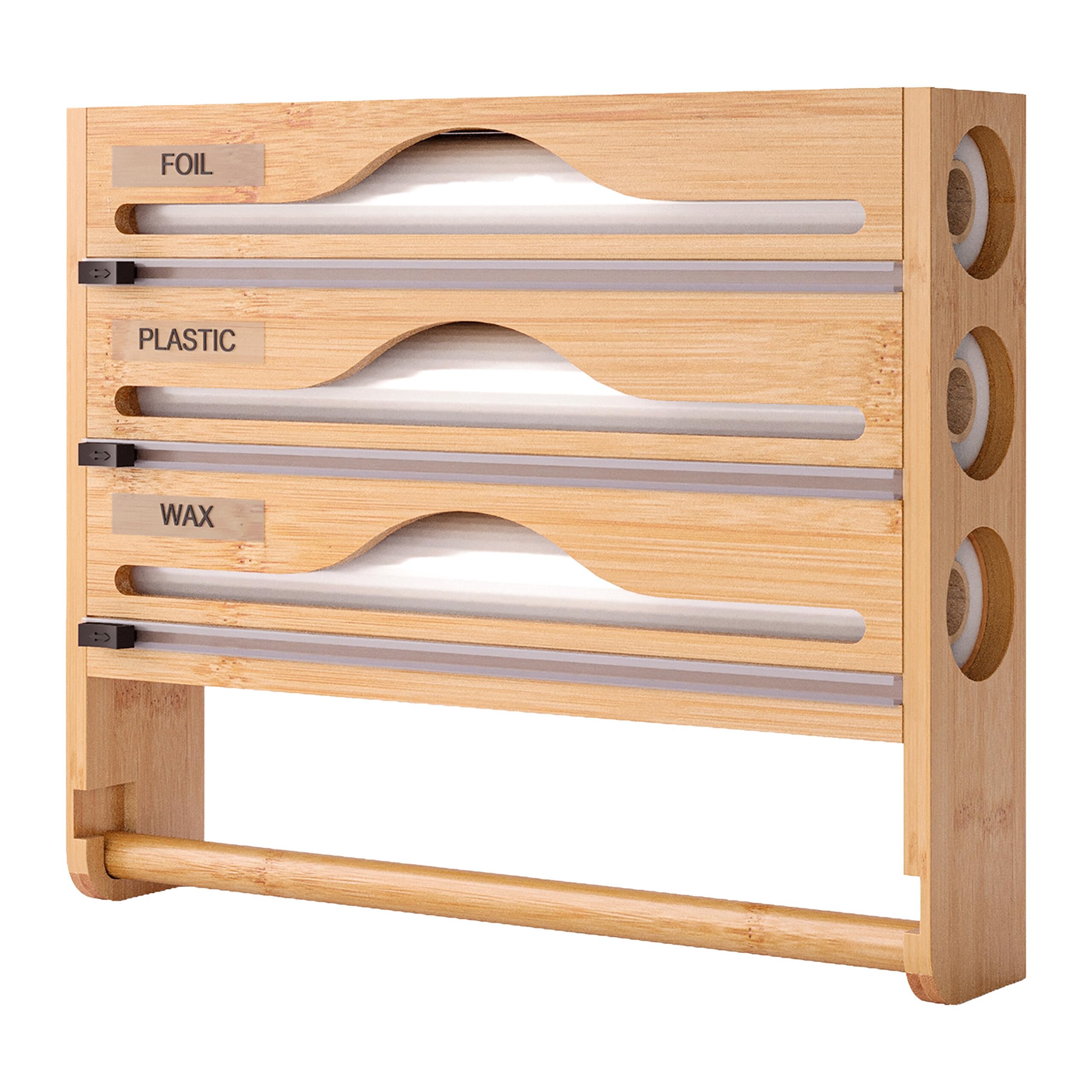 Relaxdays Soporte de Pared 4 en 1 para Papel de Cocina, Film, Aluminio y bocadillos, bambú, HBT: 30 x 35,5 x 7 cm