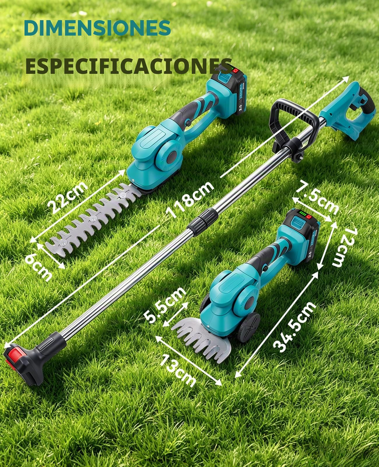 Yofidra Cortasetos de Batería con Mango Telescópico, 100 cm, Tijeras 3 en 1 con Ruedas, Cortasetos Eléctrico Inalámbrico con Batería, Ancho de Corte 133 mm, Longitud de Corte 220 mm