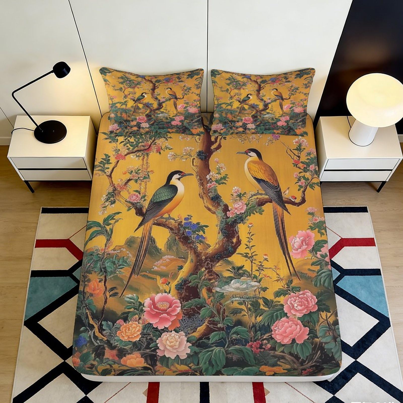 3D Printed Tropical Parrot Fitted Sheet Microfiber Soft Botanical Flower Mattress Cover for Bedroom Guest Room Decor 90x200x25cm