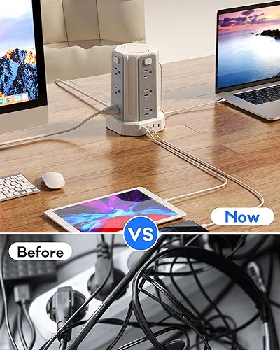 Miniatura 4 de Regleta de alimentación con protector contra sobretensiones, cable de extensión de 10 pies con 12 tomacorrientes múltiples de CA, 4 USB (1 USB C),