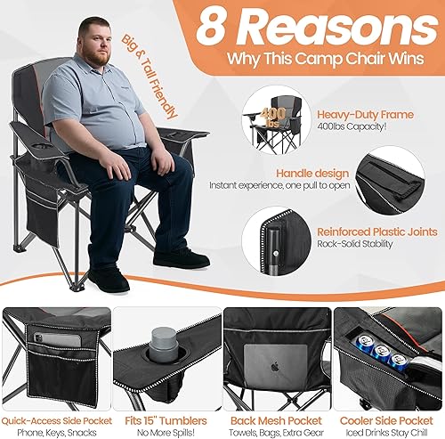 Miniatura 3 de Paquete de 2 sillas de campamento resistentes de gran tamaño para adultos, 400 libras con soporte lumbar, sillas plegables con bolsillo lateral,