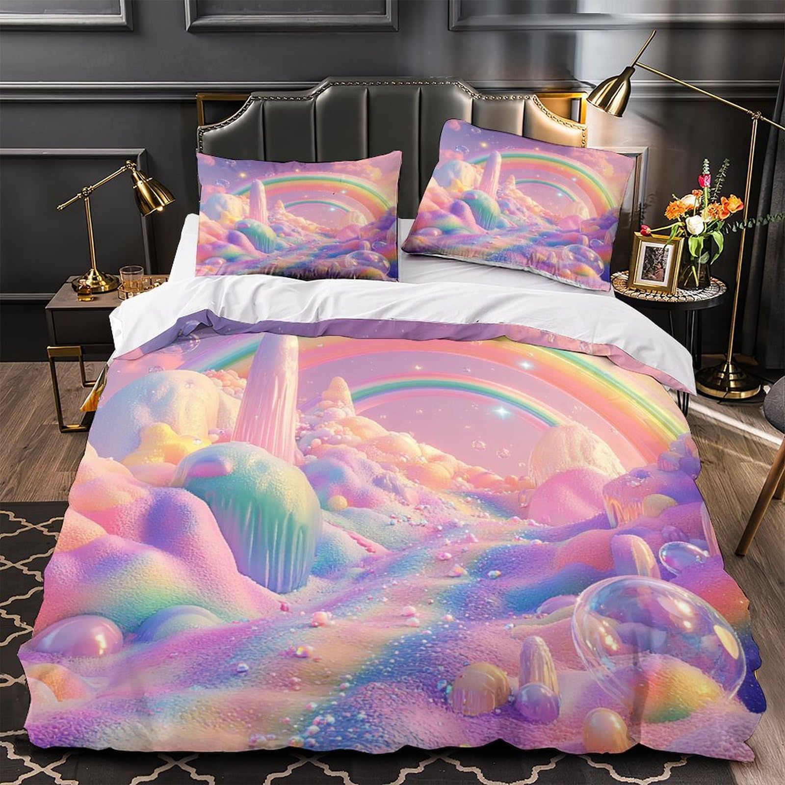Drap de couette microfibre de qualité supérieure effet arc-en-ciel 3D pastel