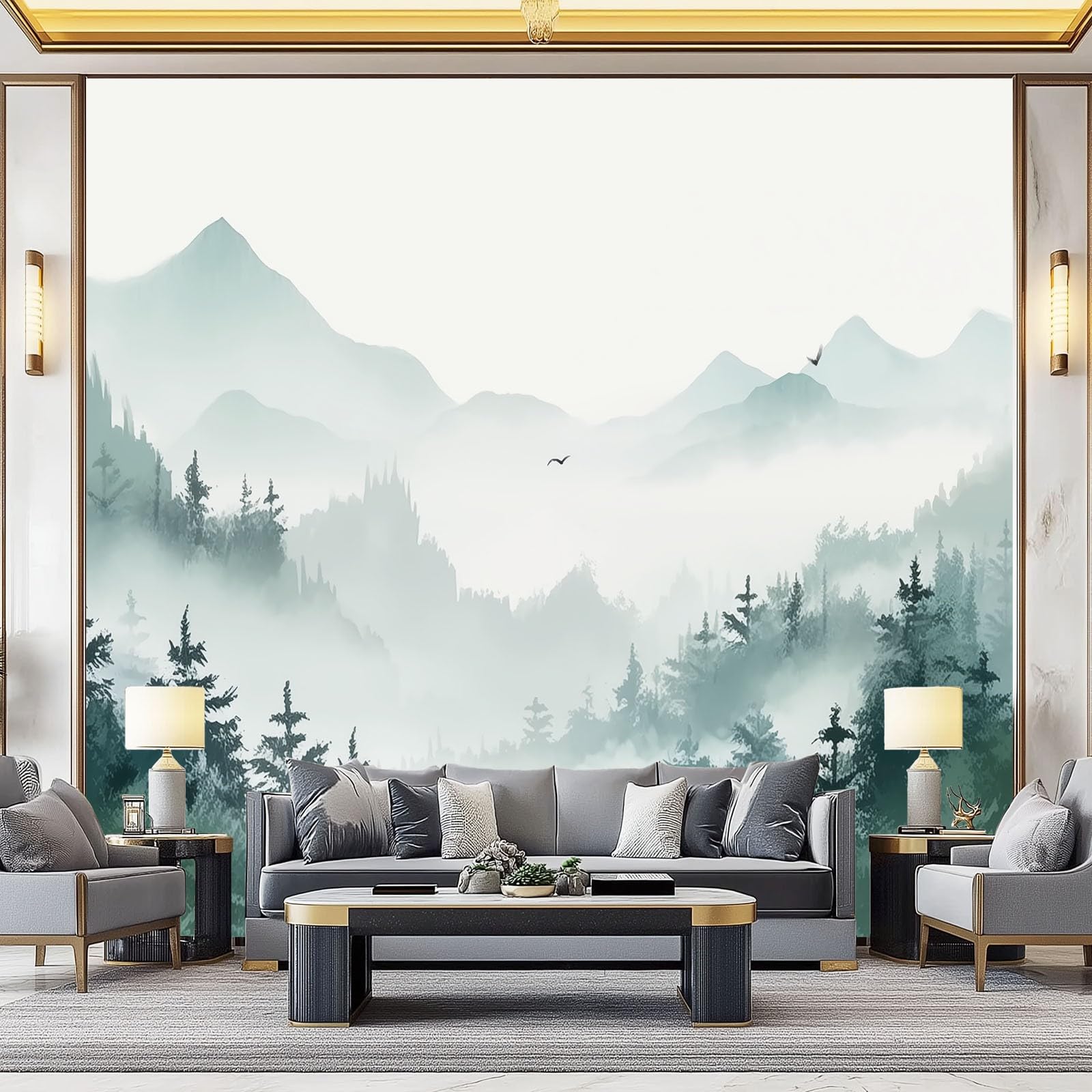 Eastern Mountains Mist Ink Painting Photo Wallpaper, Colorful 3D Wall Mural 400 x 280 cm (W x H) Non-Woven Premium Art Print Decoration Poster Picture for Living Room Bedroom TV Backdrop