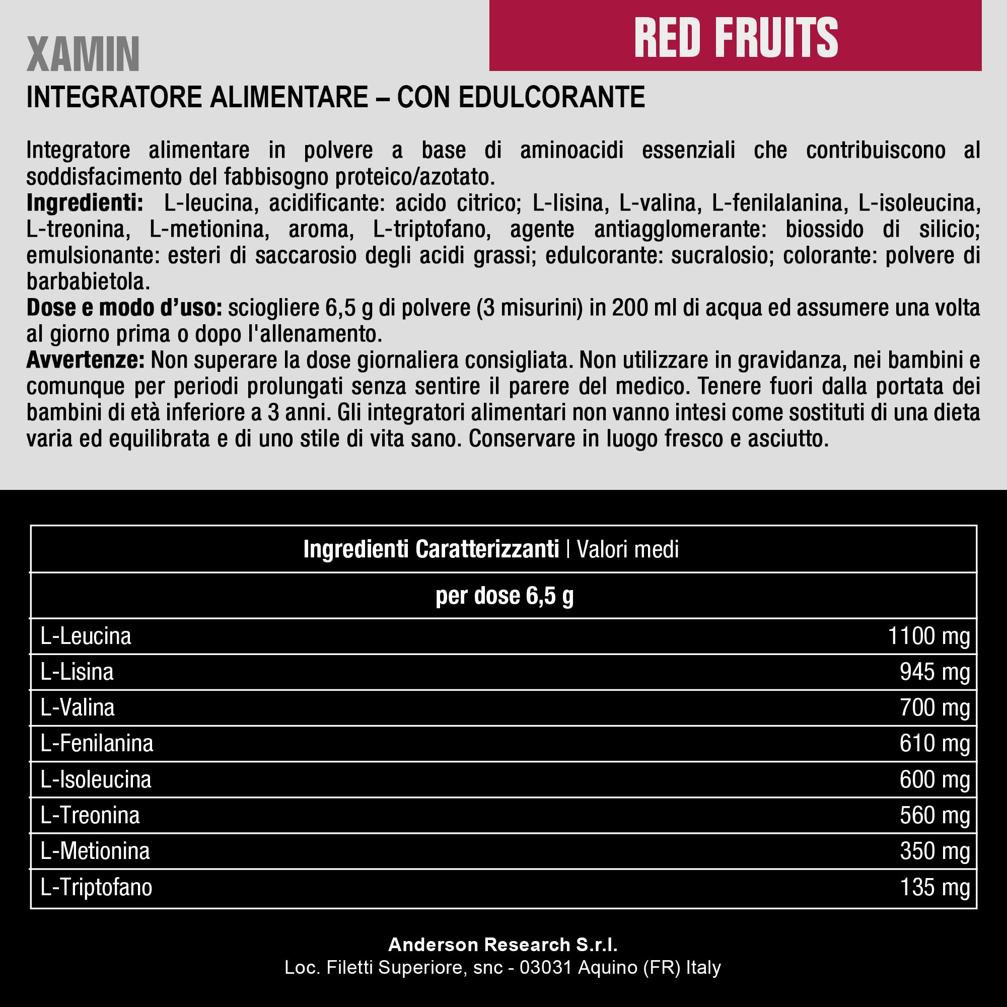 Anderson 312g Aminoacidi Essenziali - Red Fruit, 17.2% Leucina, 14.5% Lisina, 10.8% Valina, 9.4% Fenilalanina, 9.2% Isoleucina, 8.6% Treonina, 5.4% Metionina, 2.1% Triptofano - XAMIN