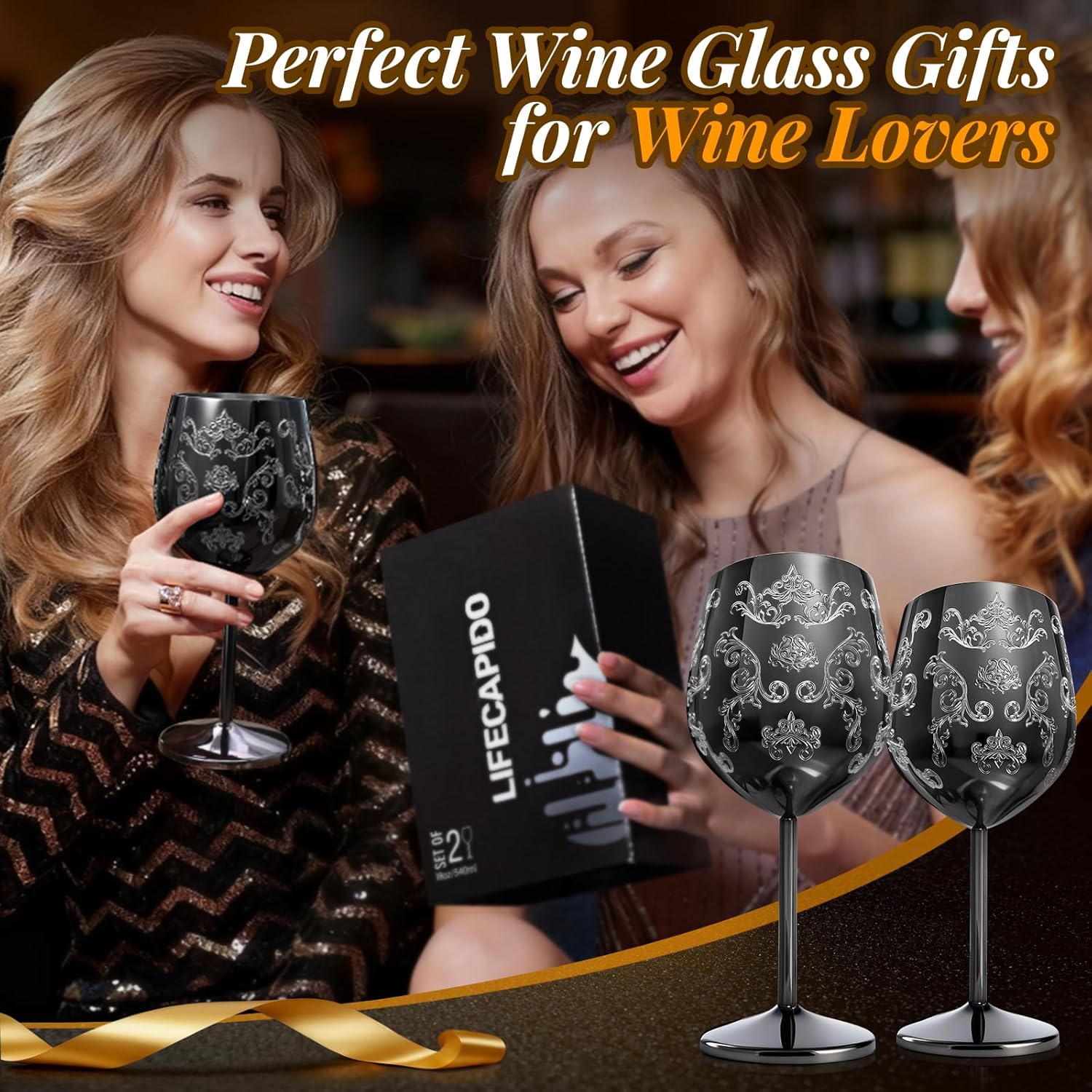 Lifecapido Stainless Steel Wine Glasses Set of 2, 18oz Etched Black Wine Goblets, Unique Wine Glasses with Intricate Baroque Engravings for Party Wedding Anniversary - Image 8