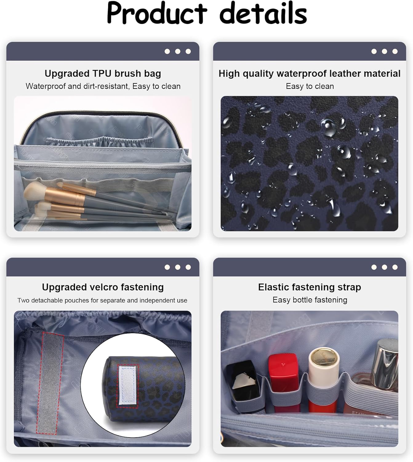 BOYATU Travel Makeup Bag for Women: 3 Pcs Set Portable Make up Bags with Handle - Leopard Print Cosmetic Bags with Comparments - Waterproof Vegan Leather Toiletry Bag (11-Blue) - Image 4