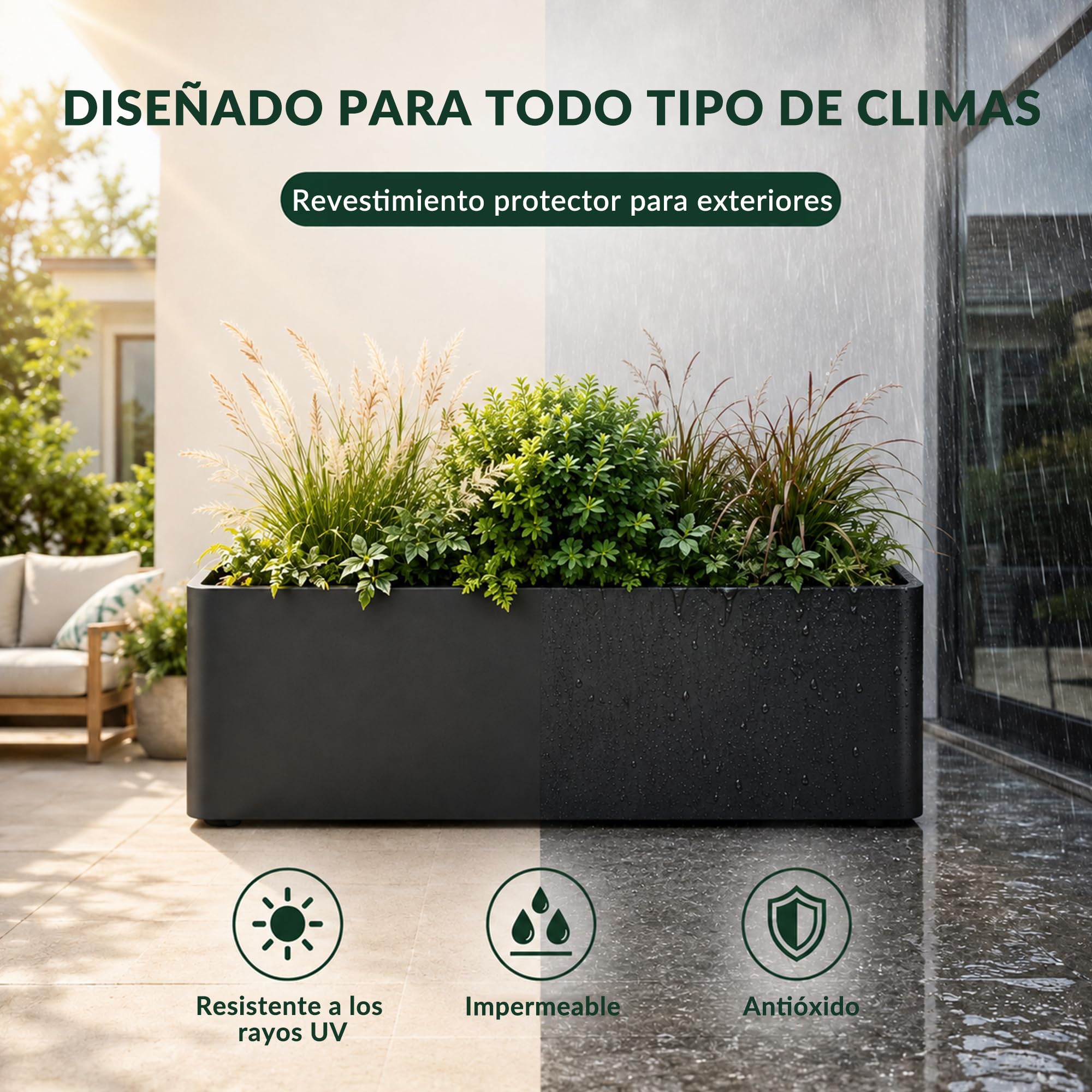 Jardinera Rectangular XXL Grande para Exterior, Set de 2, Jardinera Estrecha de Metal de 70 cm de Largo, Resistente a la Intemperie, Macetero para Flores y Plantas, para Jardín Balcón Terraza y Patio