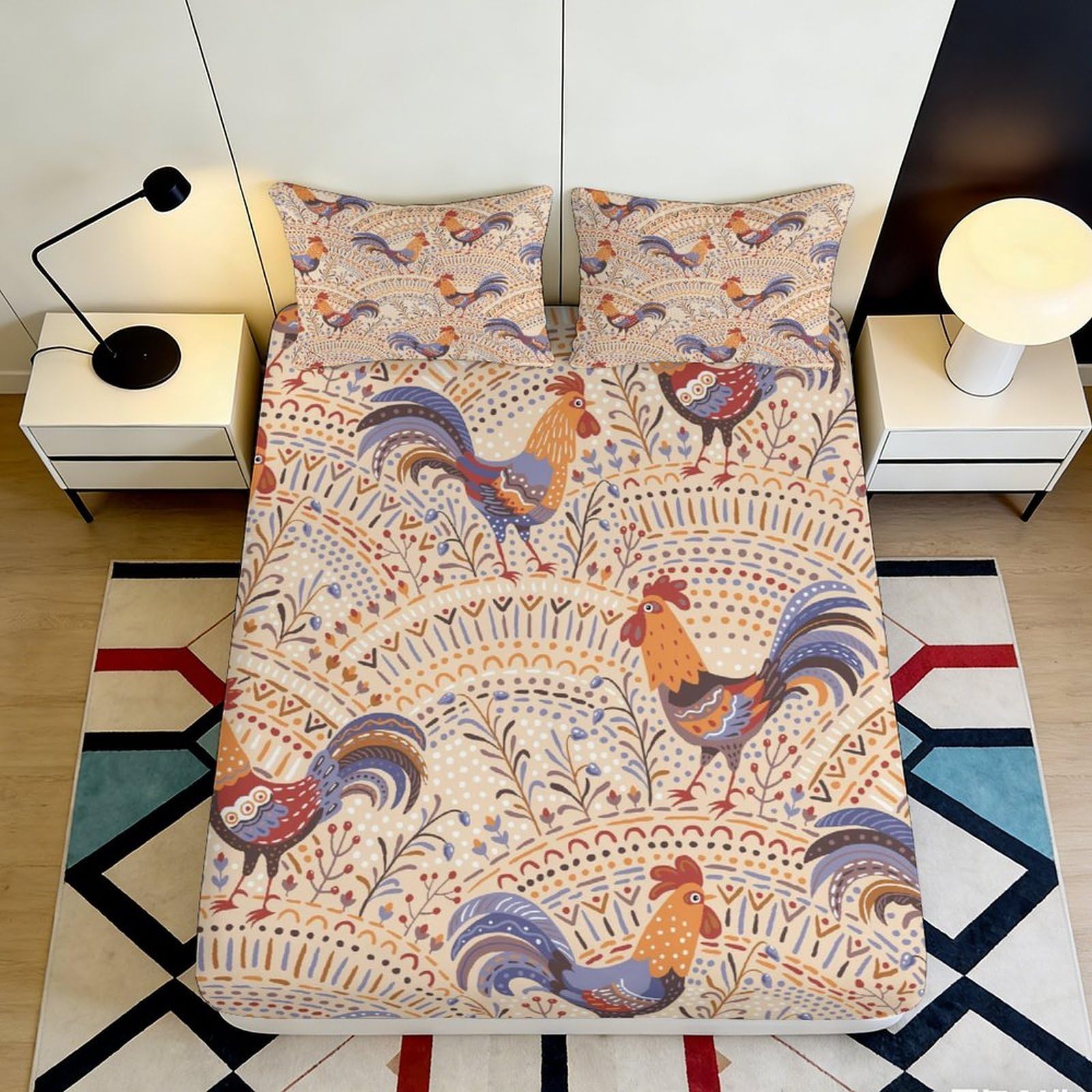 3D Printed Rooster Pattern Fitted Sheet Microfiber Farmhouse Bed Cover for Bedroom Guest Room Mattress Protection 90x200x25cm