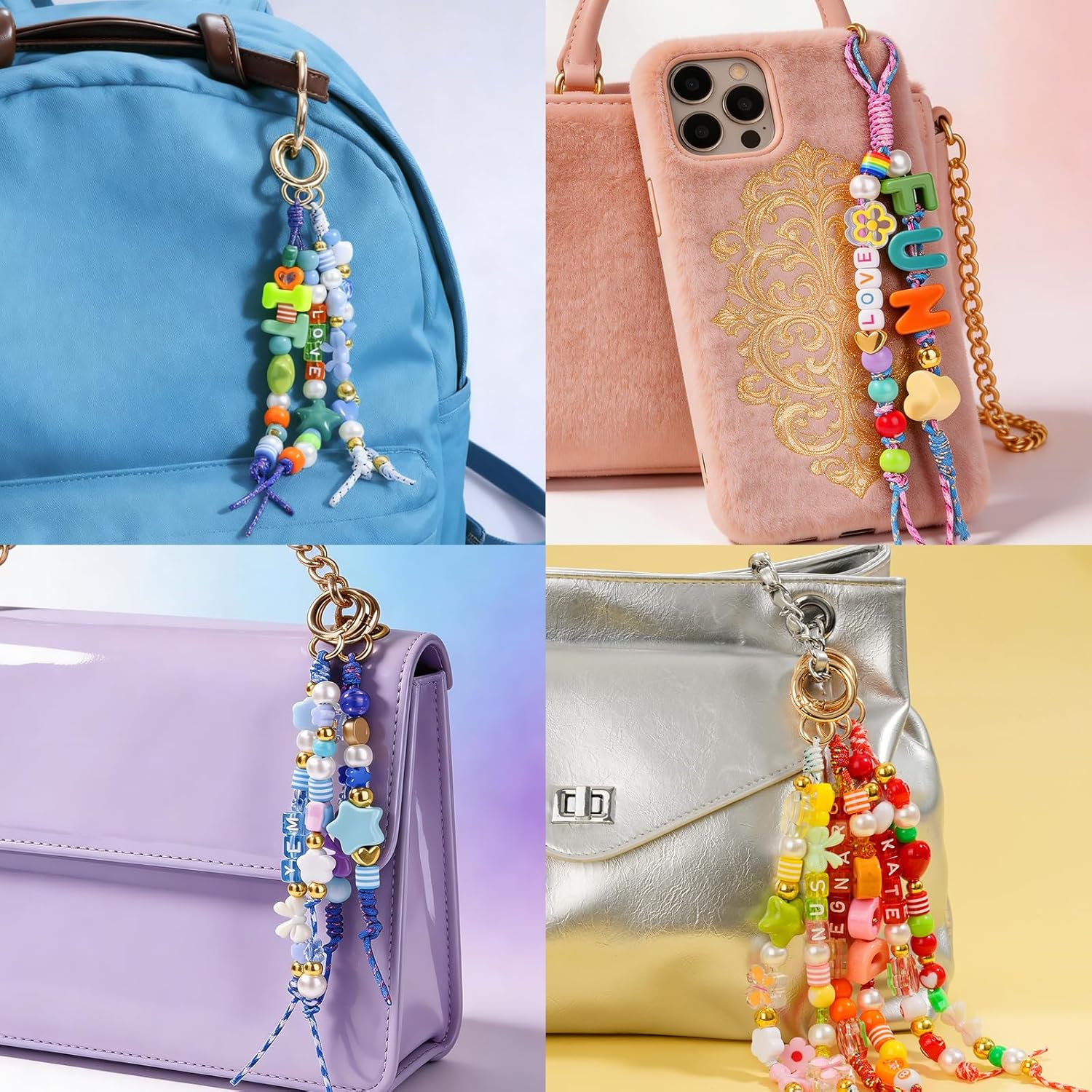 DIY Bag Charm Making Kit Bead Keychain Making Kit Letter Beads for Christmas Party, Family Activity Art Craft Bag Charm for Jewelry Making Supplies Personalized Alphabet A-Z Beads DIY Crafts