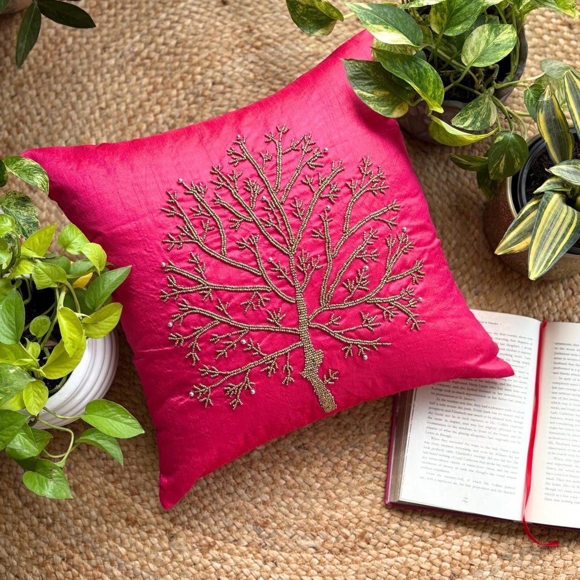 The HomeCentric Throw Pillow Cover, Fuchsia Pink Decorative Throw Pillows for Couch 16x16 inch (40x40 cm) Silk Pillowcase with Zipper, Nature & Floral, Tree, Beaded Easter - Fuchsia Tree of Life