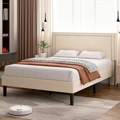 VECELO Base de cama de tamaño matrimonial con cabecera tapizada ajustable, plataforma de listones de madera, diseño sin ruido, fácil montaje
