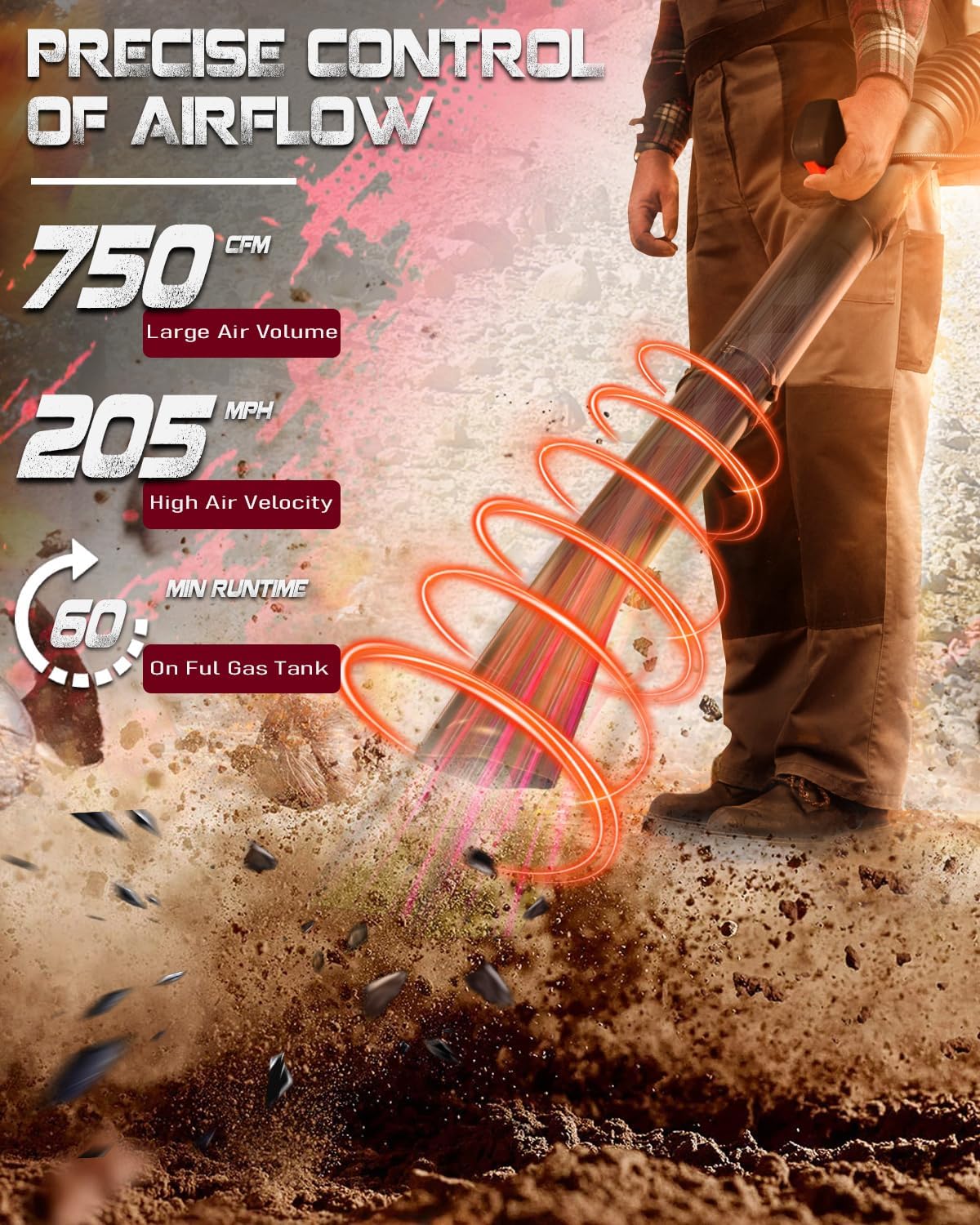 Gas Powered Backpack Leaf Blower, Commercial Heavy Duty 75.6cc 4-Stroke Engine, 205 MPH 750 CFM for Professional Yard Care, Large Properties & Lawn Maintenance, No Fuel Mix (RL9905 PRO) - Image 3