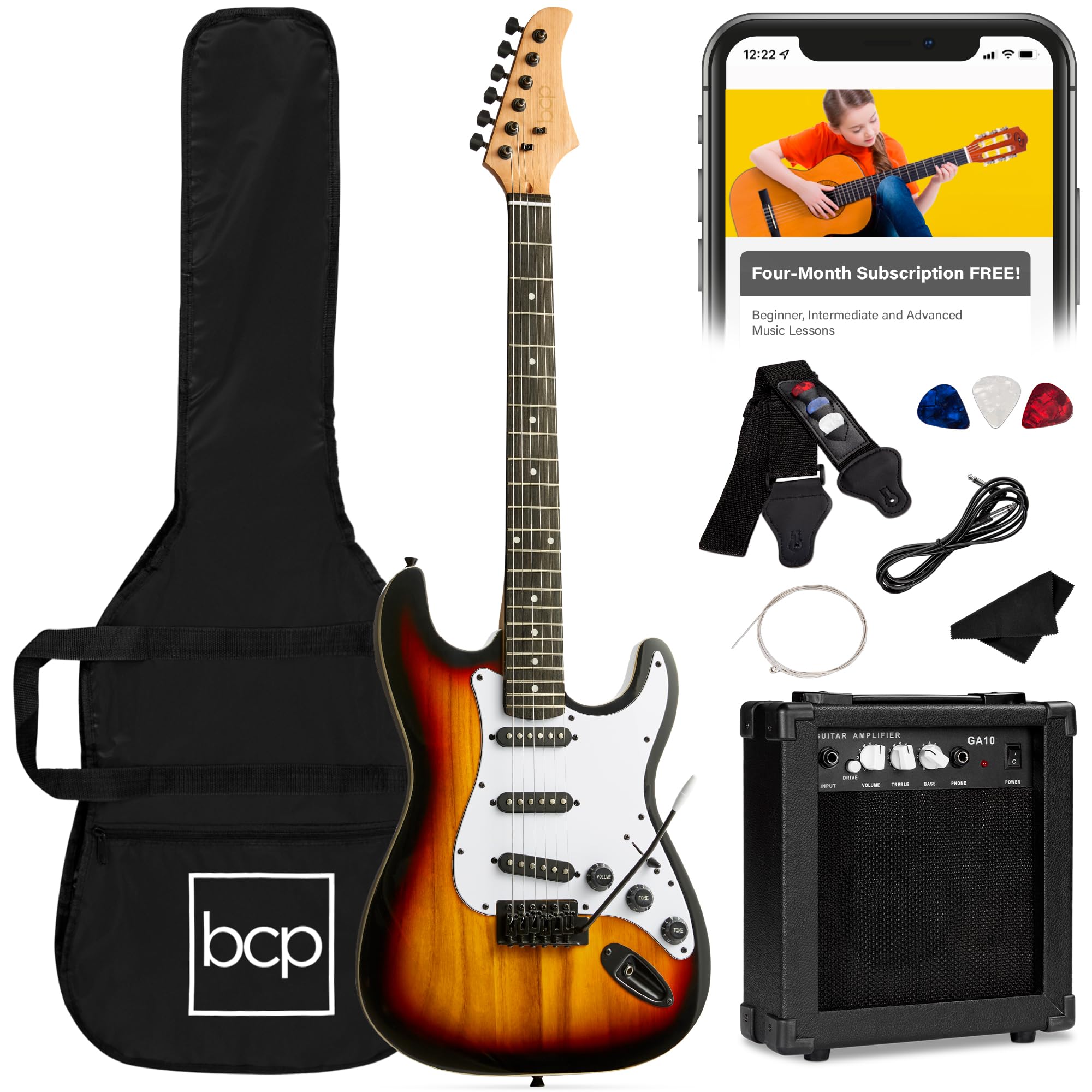 Best Choice Products 39in Full Size Beginner Electric Guitar Starter Kit w/Case, Strap, 10W Amp, Strings, Pick, Tremolo Bar - 3 Color Sunburst