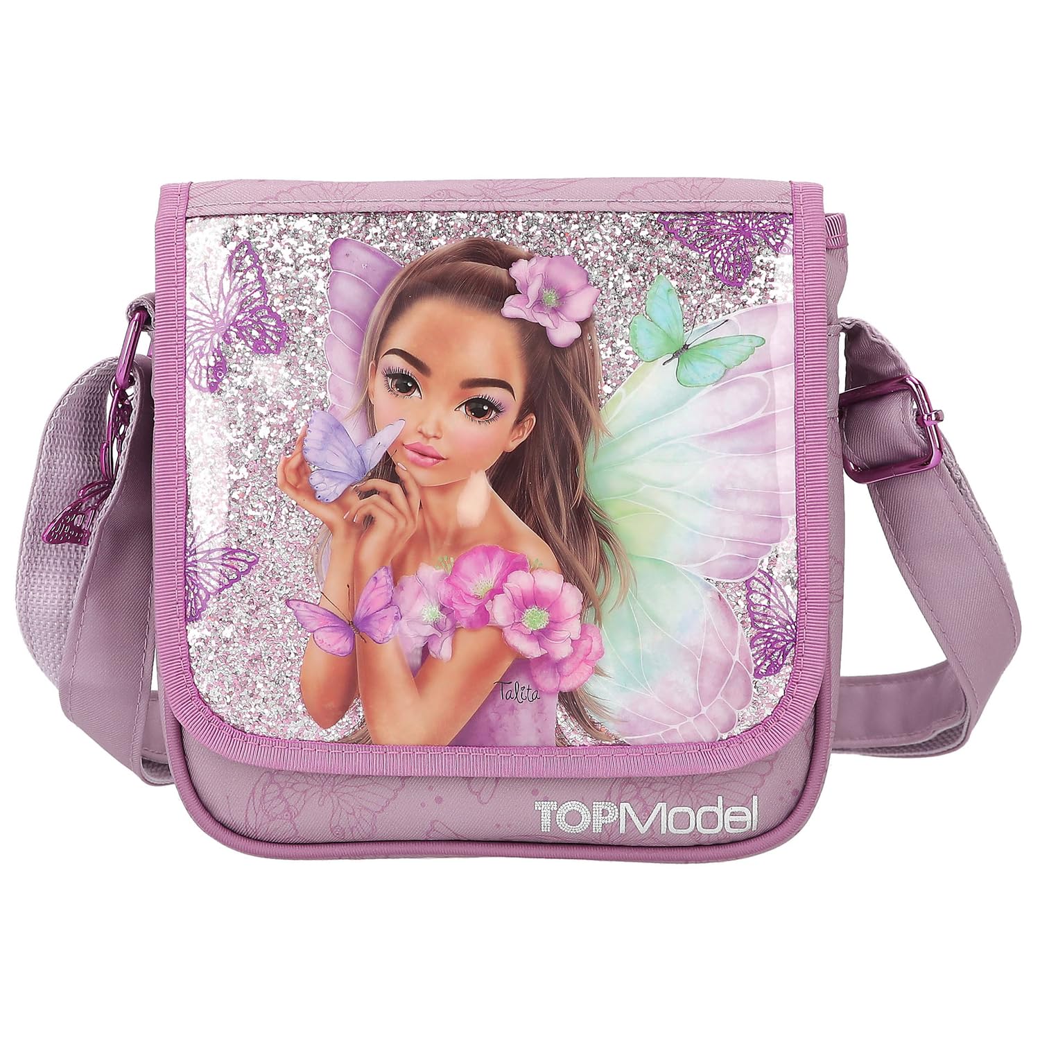 Depesche 12778 TOPModel Fairy Love - mała torba na ramię w kolorze Mauve z motywem modelki i motylami, torba z regulowanym paskiem na ramię i klapą z przodu