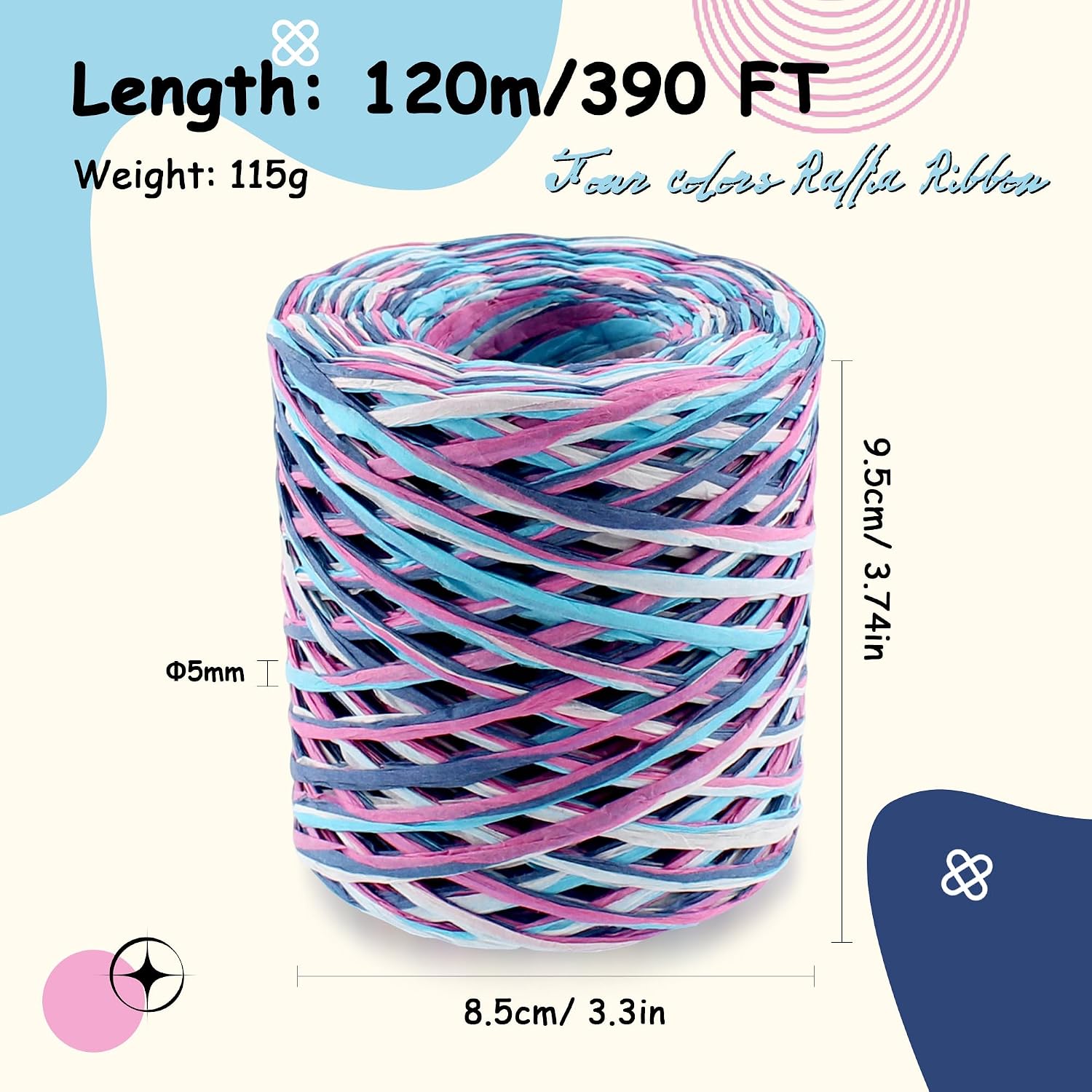 Raffia Paper Ribbon 393 Feet Colorful Matte Packing Paper Twine Ribbon Mixed-Color Natural Twine Raffia Wrapping Twines for Holiday Christmas Gift Wrapping (4 Color-Blue White Pink Navy Blue)