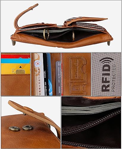 Miniatura 7 de Cartera de cuero genuino para hombres RFID bloqueo plegable con bolsillo para monedas, billetera de seguridad con cremallera, Marrón (Brown-01),