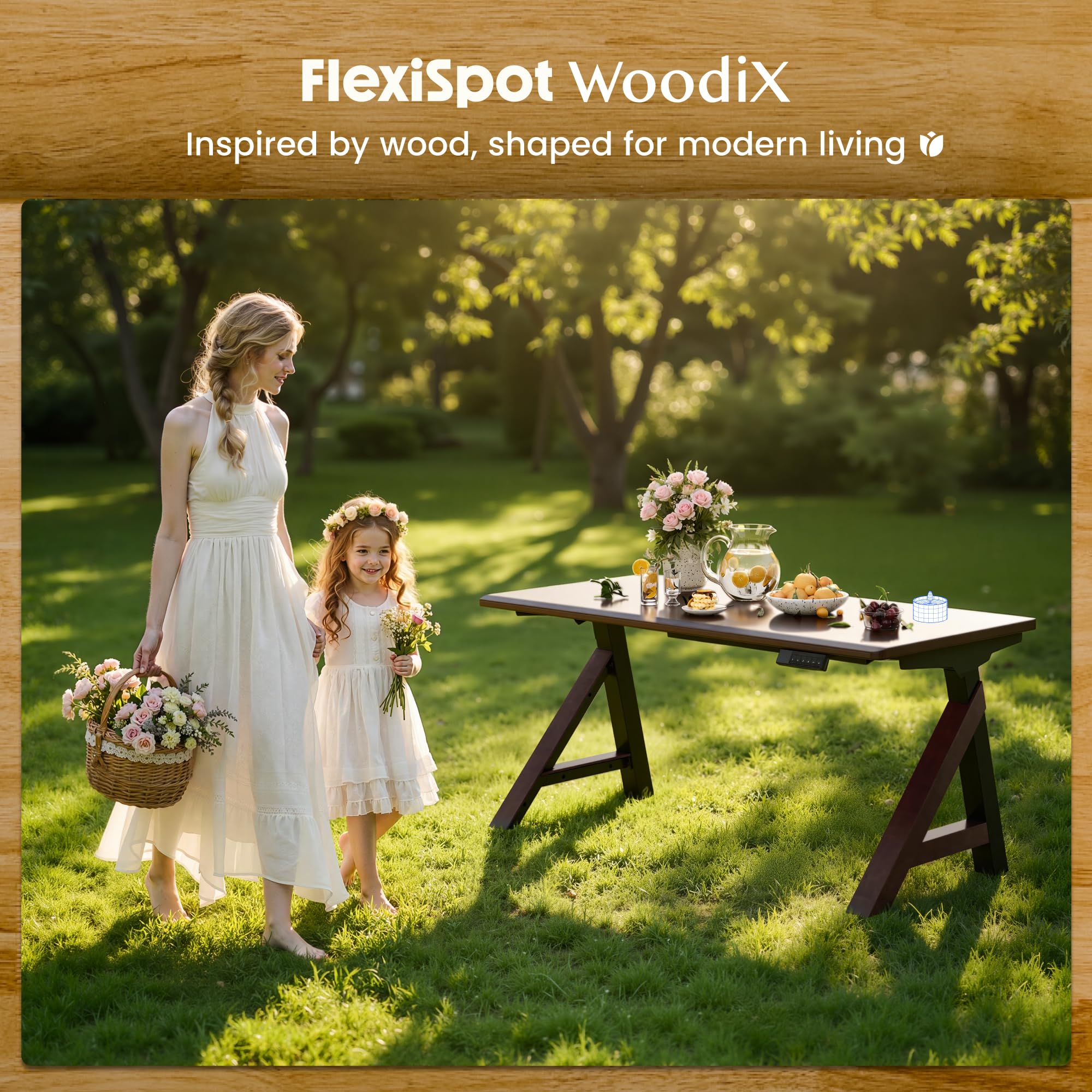 FlexiSpot Höhenverstellbarer Schreibtisch Gestell WoodiX E3, Höhenverstellbares Tischgestell mit 25mm Massivholz-Tischplatte aus Kautschukholz, Doppelmotor und Kabelmanagement, Premium Design, Schwarz