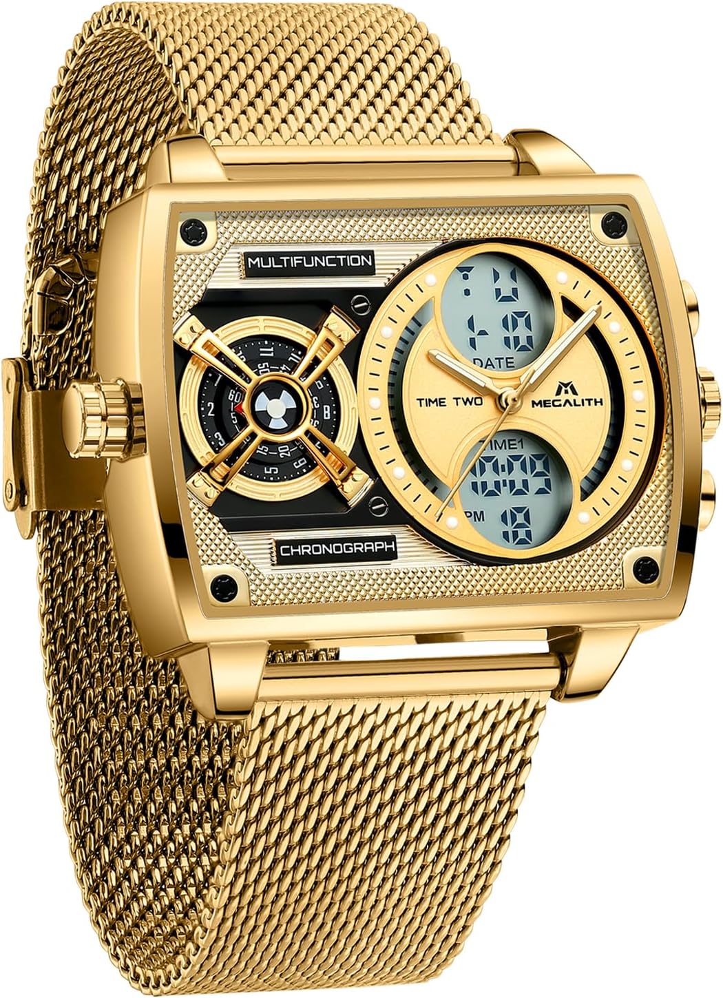 Square Watches for Stylish Mens: Analogue Digital Waterproof Wrist Watch with Multi-Time Zone Large Dial - Gifts for Business Dress Men