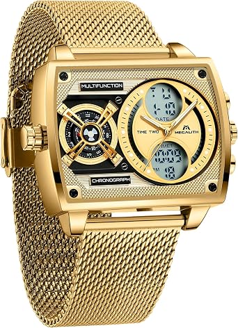 MEGALITH Square Watches for Stylish Mens Analogue Digital Waterproof Wrist Watch with Multi-Time Zone Large Dial - Gifts for Business Dress Men