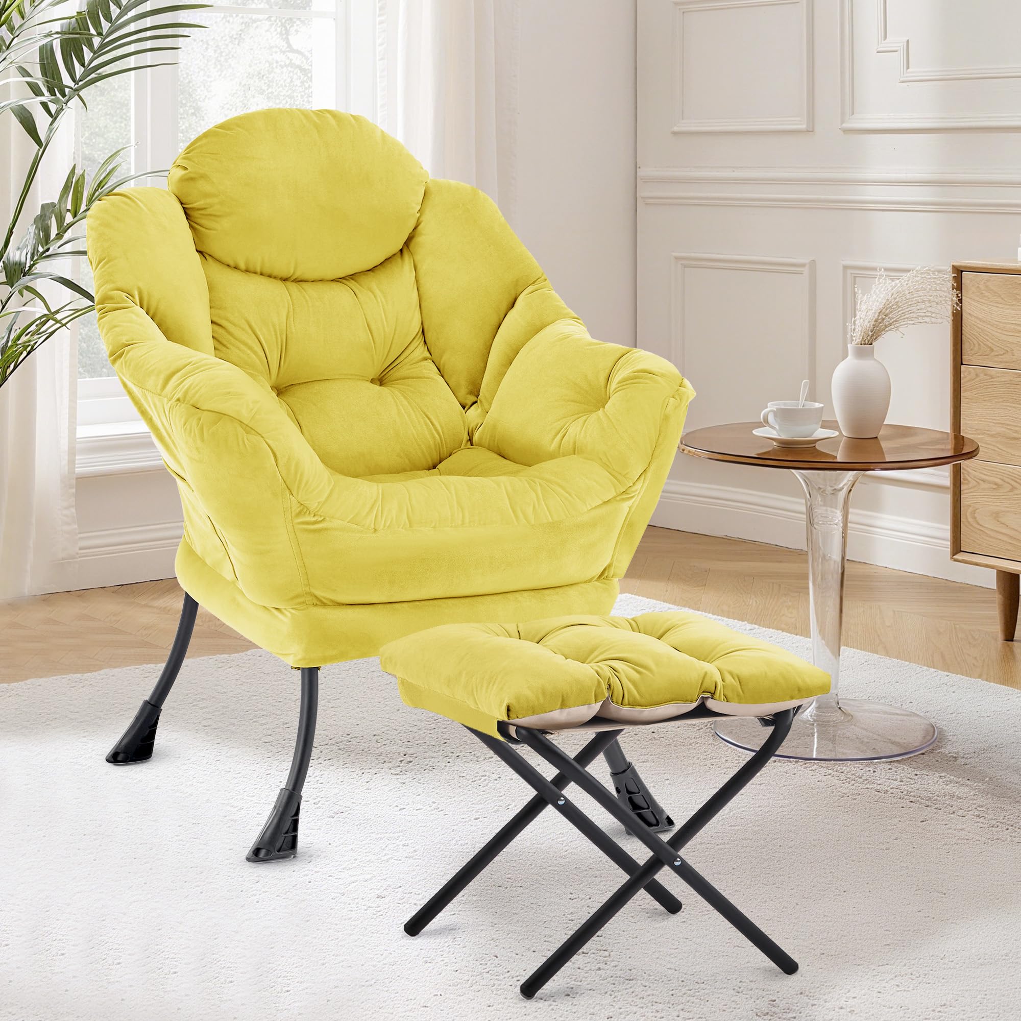 XH.Easy Go Lazy Chair with Ottoman, Accent Lounge Reading Arm Chair with Footstool, Leisure Armchair for Living Room Bedroom Comfy Chair with Footrest, Side Pocket,Yellow
