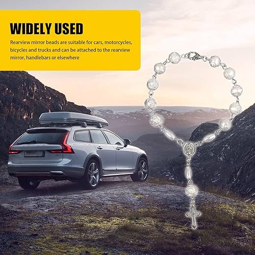 Miniatura 5 de 2 colgantes de rosario para espejo retrovisor de automóvil, pulsera de cruz hueca de bautizo de cuentas de rosa, exquisita decoración de cuentas,