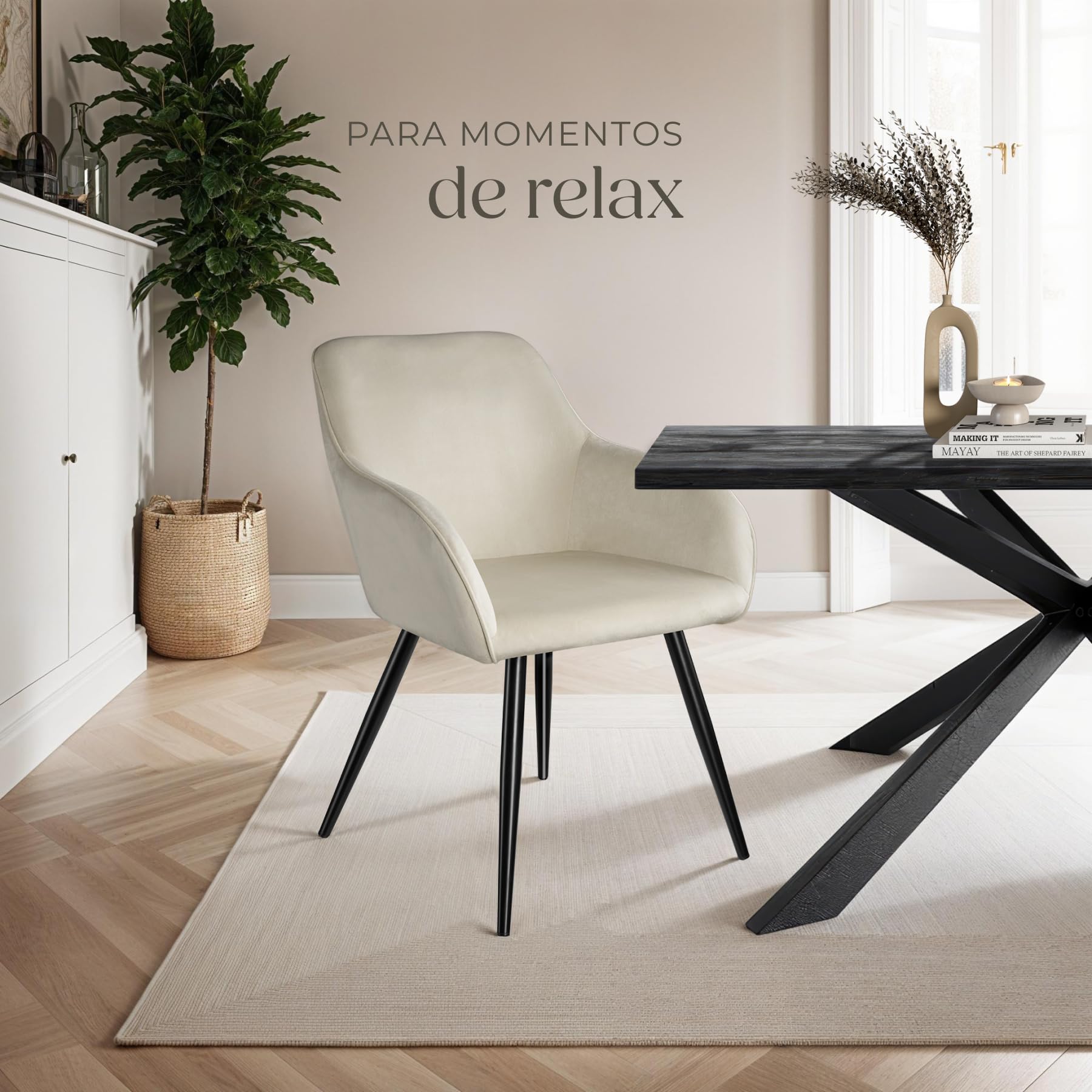 tectake® Silla Tapizada en Terciopelo, Sillas de Comedor Ergonómicas y Versátiles, Gran Estabilidad y Capacidad de Carga, Sillas Cocina Elegante - 1 Silla Crema/Negro