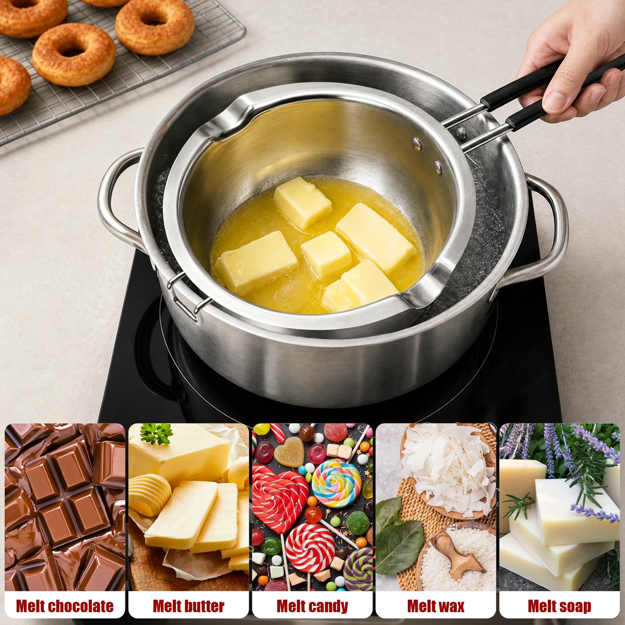 Cacerola para derretir Velas, 1200 ml, Acero Inoxidable 304, para Chocolate, azúcar, Mantequilla, Queso, Caramelo, Velas, con Mango Resistente al Calor