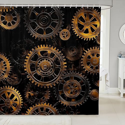 Erosebridal Cortina de ducha con engranajes ndustriales dorados, estilo steampunk, cortina de ducha para bañera, reloj temático, cortina de ducha