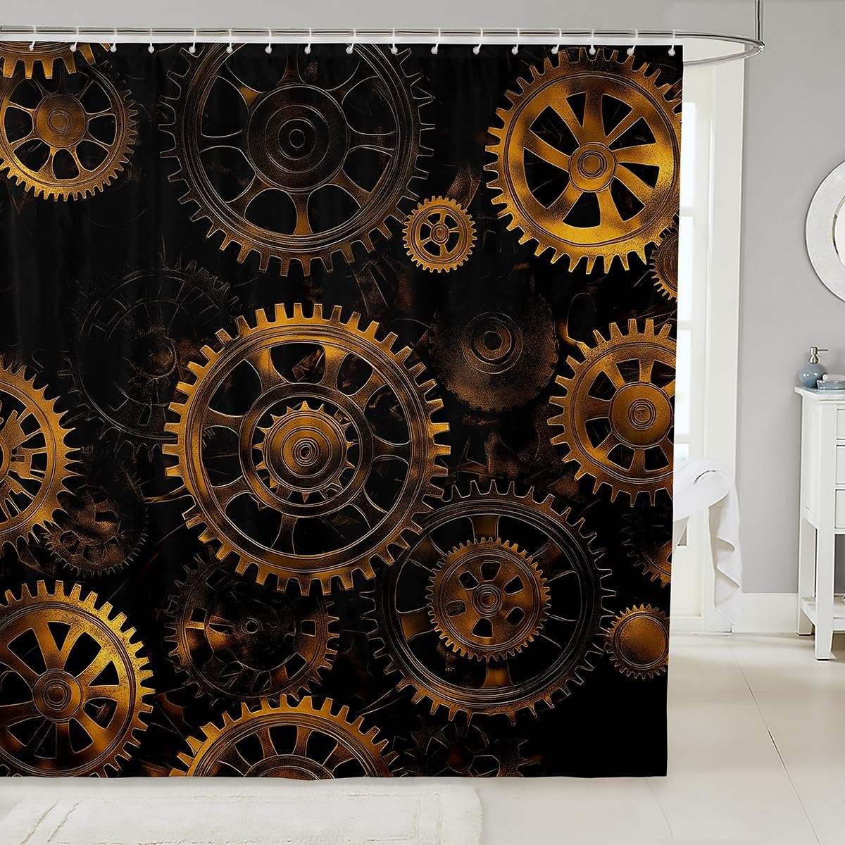 Erosebridal Golden Industrial Gear Shower Curtain - Steampunk Style Bathtub Shower Clocks Theme Bathroom Curtain for Boys Men - Mechanical Device Bathroom Set, Black 72" W x 84" L