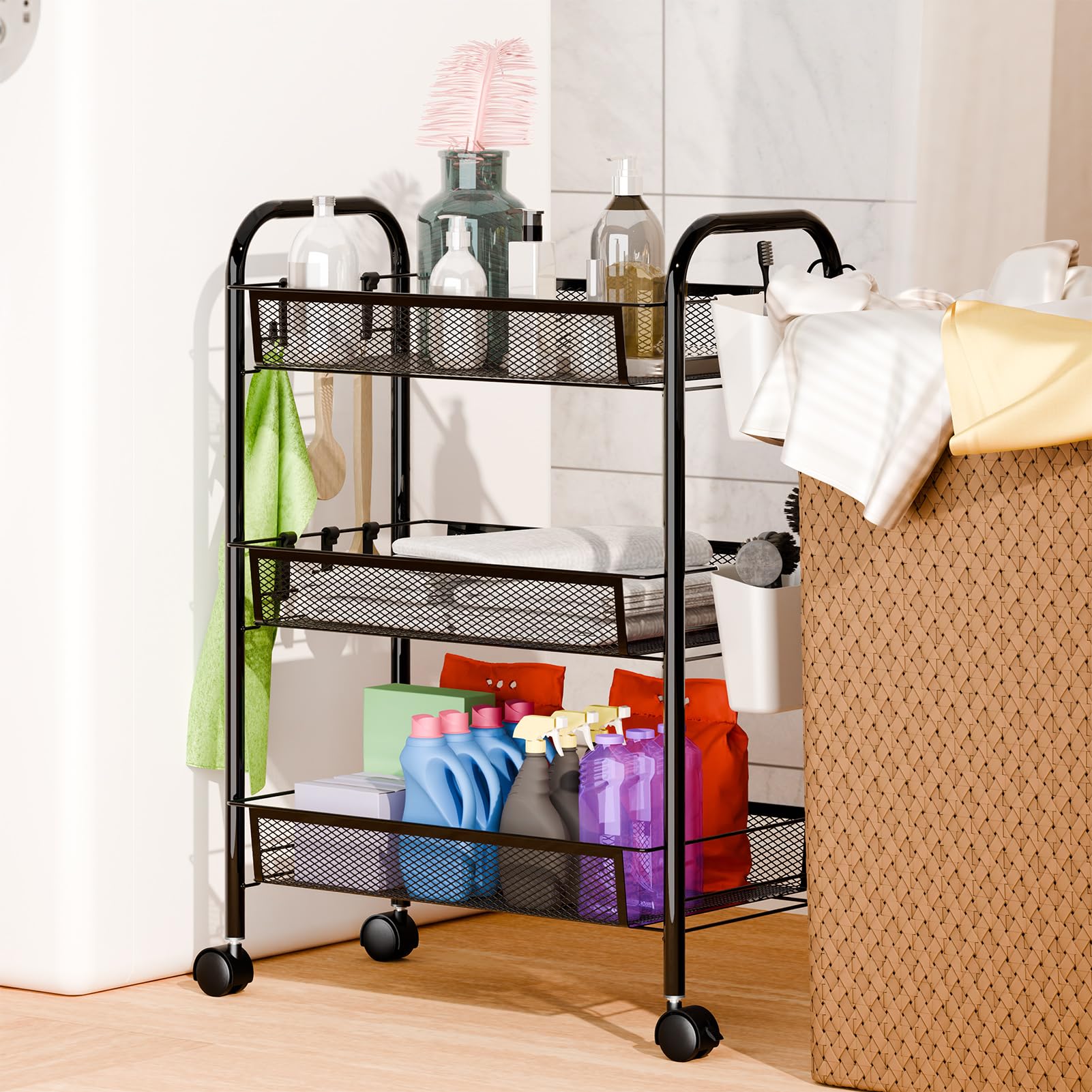 Carrello impilabile a 5 ripiani in rete metallica con ruote a 360°, cestino per frutta e verdura alto 104 cm, per cucina, dispensa e bagno, nero