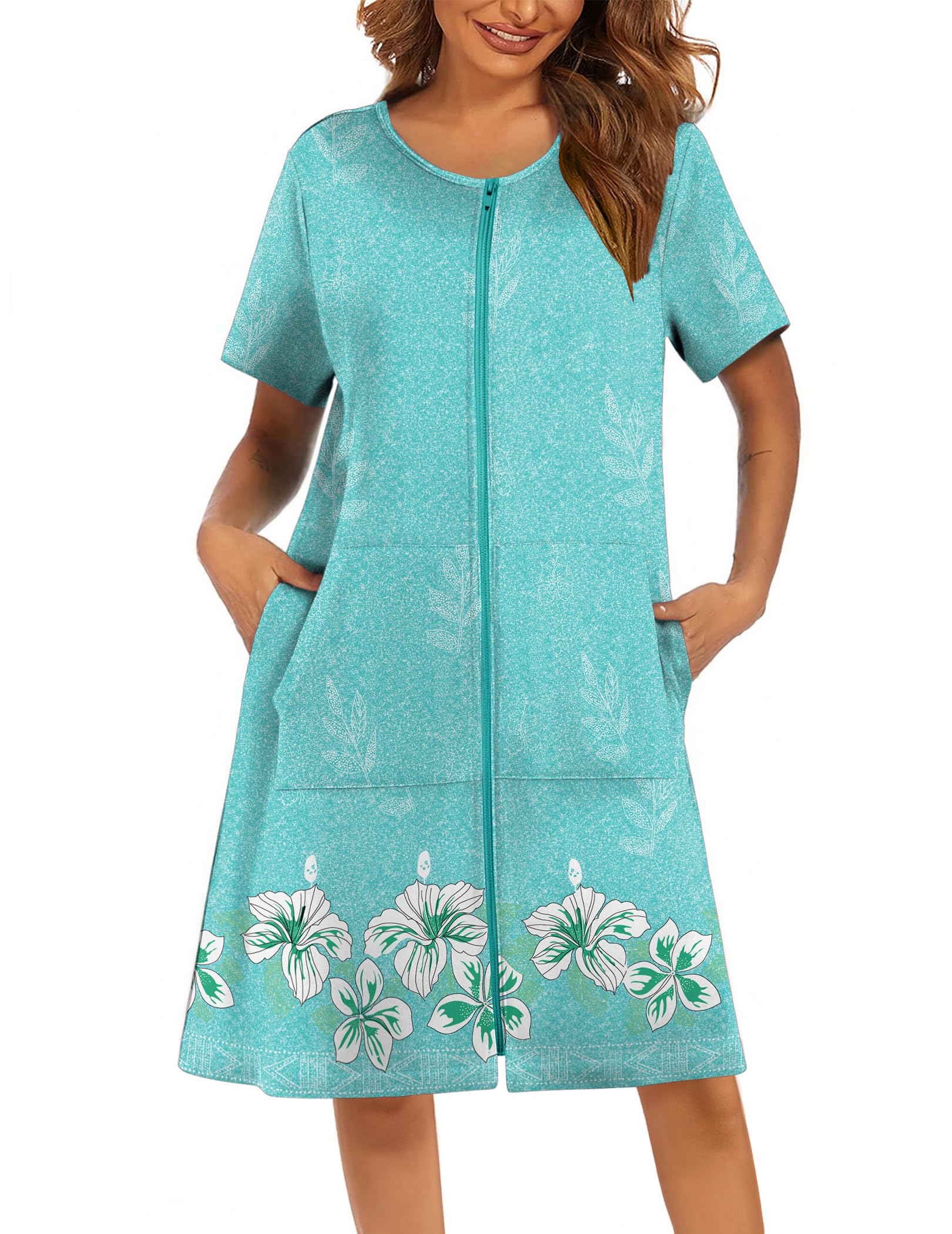 Ekouaer Women Robes Lightweight House Coat Short Sleeve Floral Print Mumu House Dresses with Pockets Zipper Nightgowns