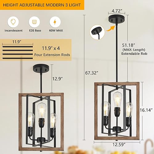 Miniatura 5 de Candelabro de 3 luces para entrada, moderna lámpara de granja para vestíbulo, dormitorio, luces colgantes rústicas para comedor, sala de estar, isla