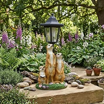 Solar Powered Meerkat Statue with Lantern, Hand-Painted Resin Outdoor Garden Decor, Weatherproof Mother and Baby Figure for Patio
