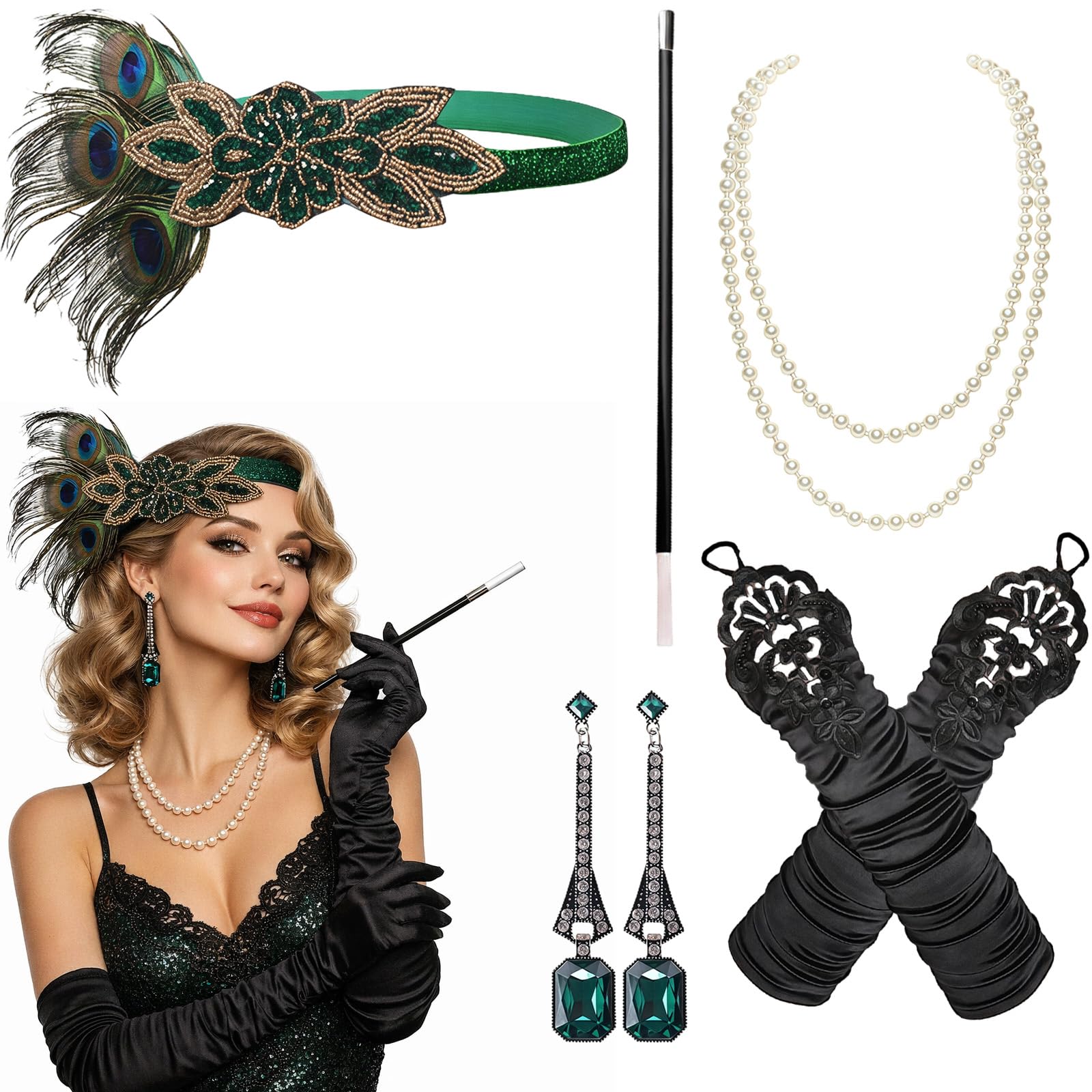 AWAVM 1920 Accessories Set,Roaring 20's Theme Flapper Costume,Gatsby Accessories Set,Fashion Vintage Headband,Necklace Earrings,Long Gloves,bracelet Holder For Women