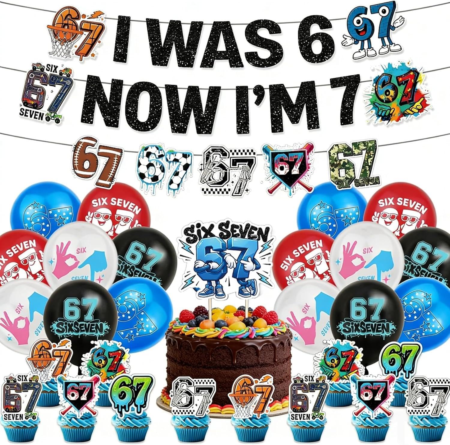 ADASTONE 6 7 Birthday Decoration Set, 67 Party Decoration Set Includes Six Seven Banners, Six Seven Cupcake Toppers, 6 7 Cake Topper and 6 7 Balloons for 67-Themed Birthday Party Supplies