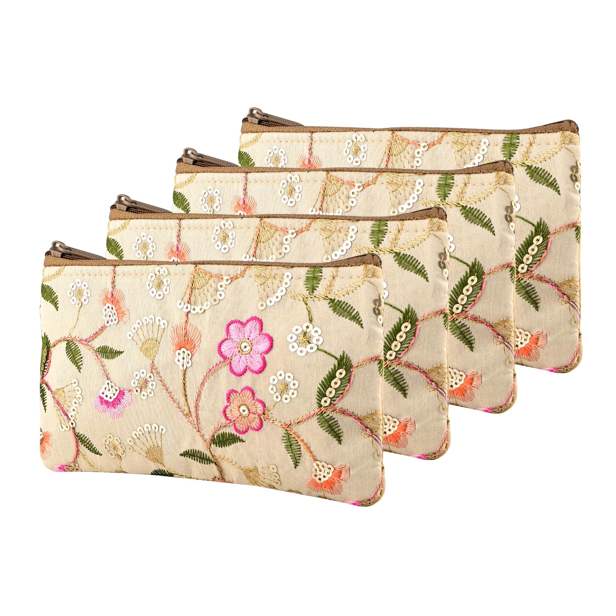 Kuber Industries 4 Pcs Polyester Traditional Hand Purse Ladies with Zip | Embroidery Ethnic Pouch/Wallet Purse for Women | Return Gift for Ladies | New Flower - Cream