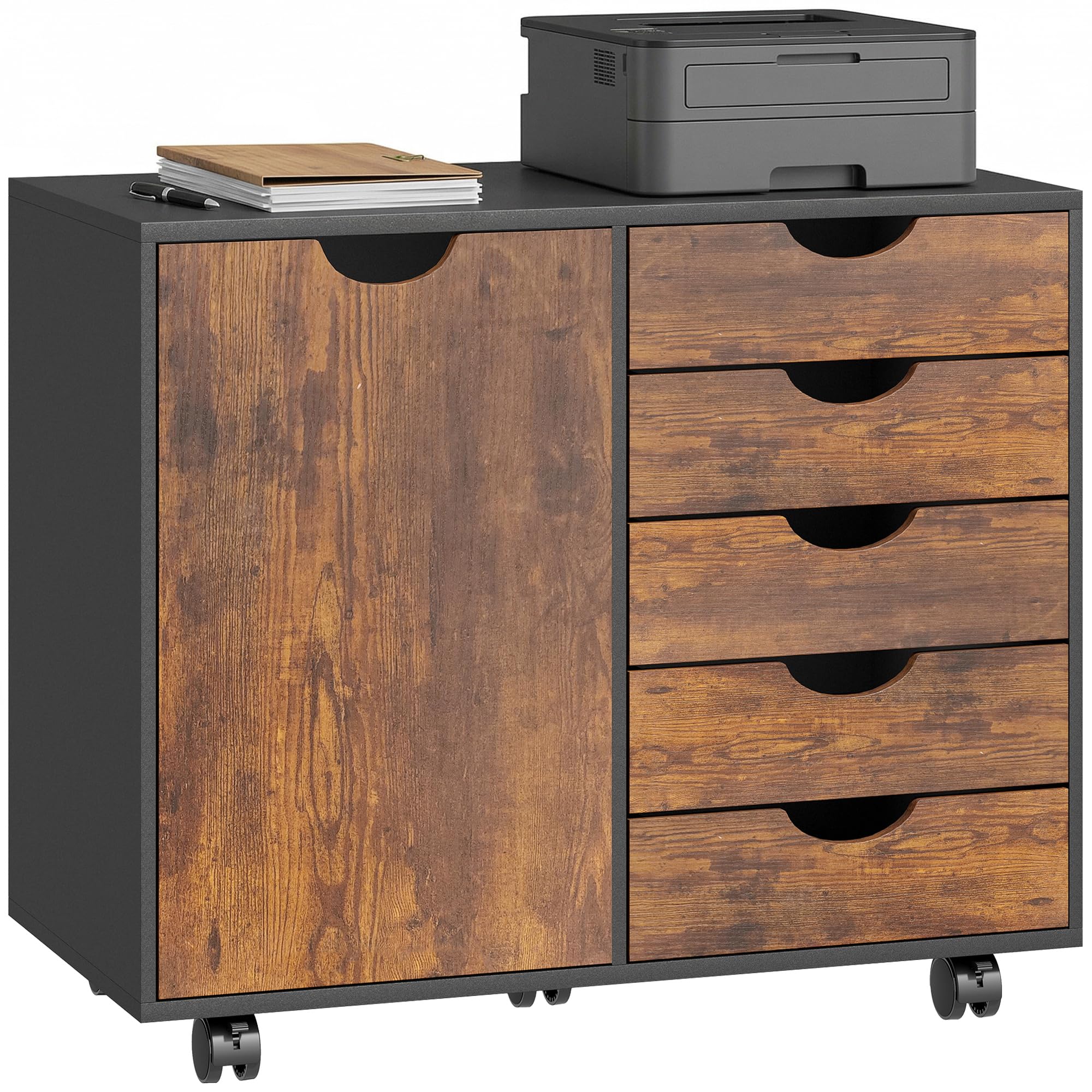 HOMCOM Cassettiera da Scrivania Mobile con 5 Cassetti e 1 Anta, Ripiano Regolabile, Armadio per Documenti e Cancelleria, 78 x 40 x 66,5 cm, Marrone Rustico
