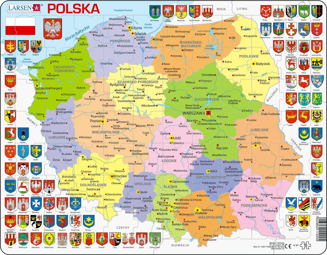 Larsen K97 Polonia Mappa politica, edizione Polacco, Puzzle Incorniciato con 70 pezzi