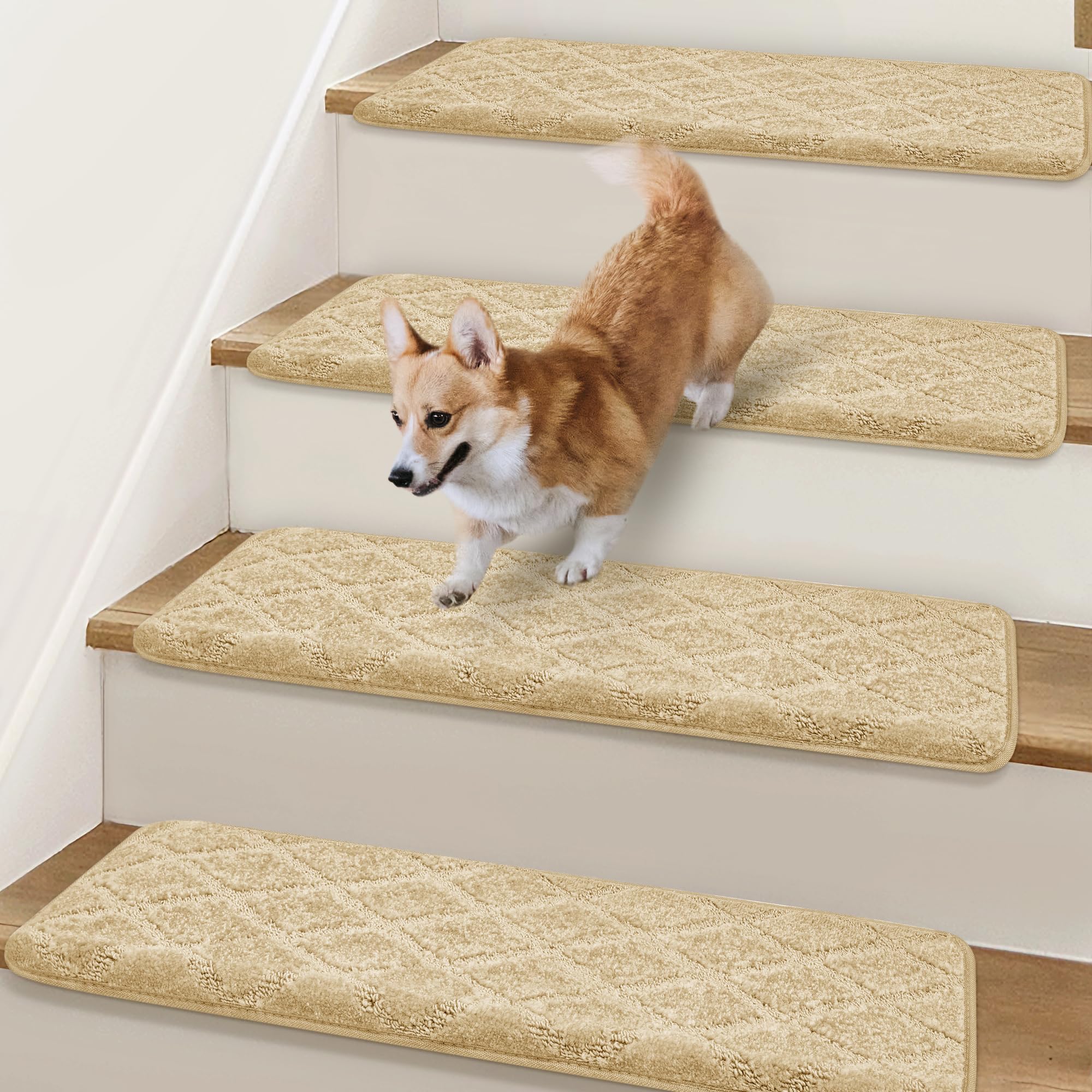 Bullnose Stair Treads Non Slip 9.5" x 32", 14 Pcs Carpet Stair Treads for Wooden Steps Indoor with Edge Protection, Reusable Peel and Stick TPU Backing Stair Runner Rugs - Diamond Pattern Beige